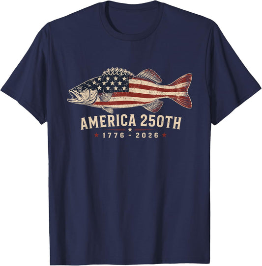 250 America Years 1776 2026 Fishing USA Flag 250th Birthday T-Shirt - T-Shirt | Navy