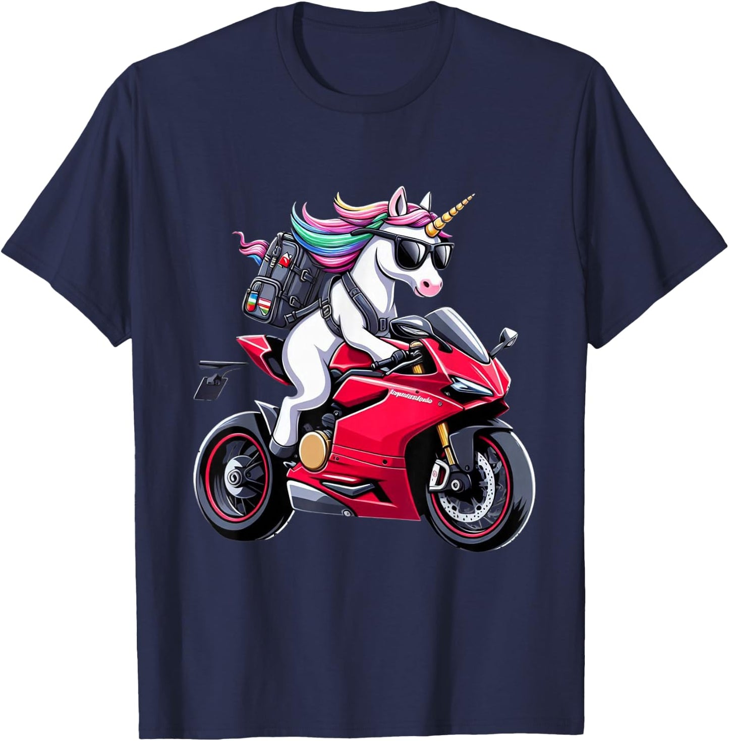 Unicorn Riding a Motorcycle for Boys, Girls, Men, Women, Kids and Adults , Black, S T-Shirt - T-Shirt | Navy