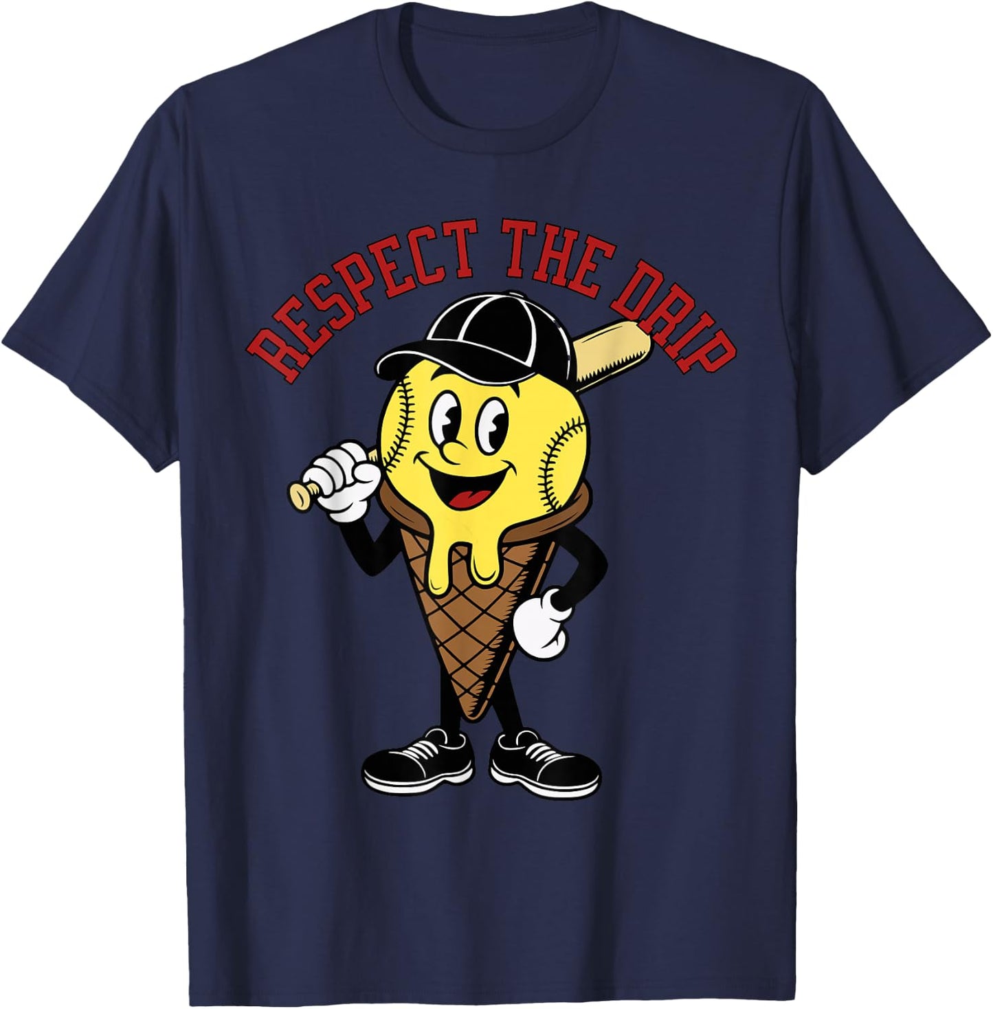 Baseball Ice Cream Drip Mascotte Retro T-Shirt - T-Shirt | Navy