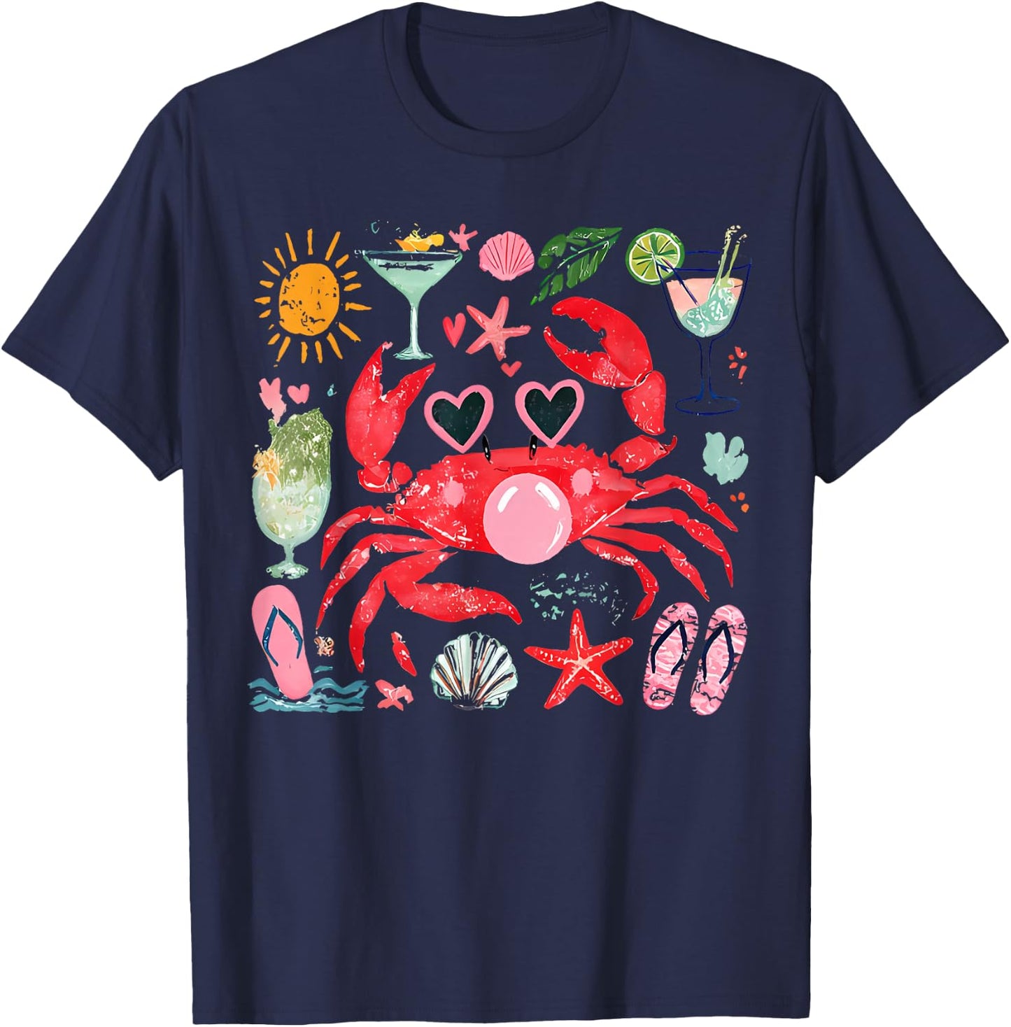 Crab Funny Crab Blowing Bubble Beach Vibes Summer Vacation T-Shirt - T-Shirt | Navy