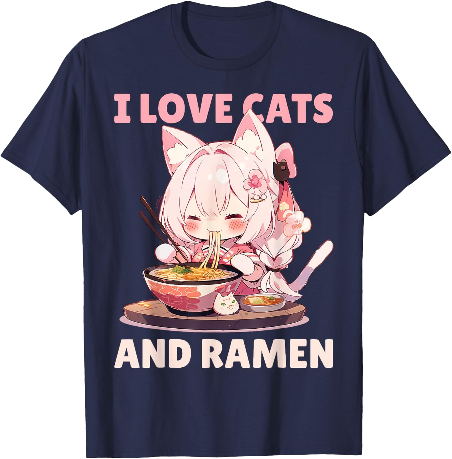 Kawaii Chibi Nekomimi Anime Cat Girl Ramen Otaku T-Shirt - T-Shirt | Navy