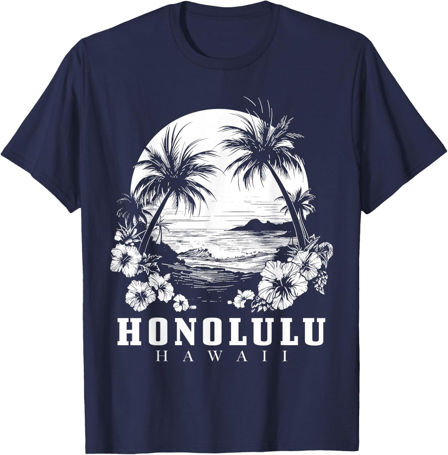 Honolulu Hawaii Hawaiian Hibiscus Flowers Surfer Souvenir T-Shirt - T-Shirt | Navy