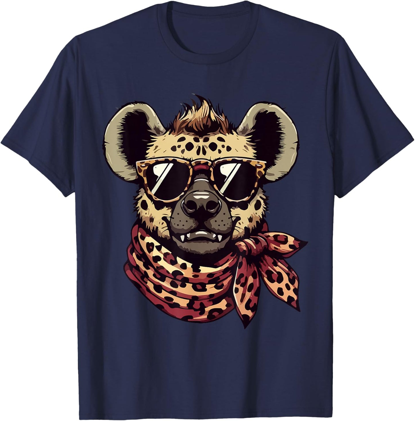 Hyena Wearing Leopard Scarf Animal Wearing Sunglasses T-Shirt - T-Shirt | Navy