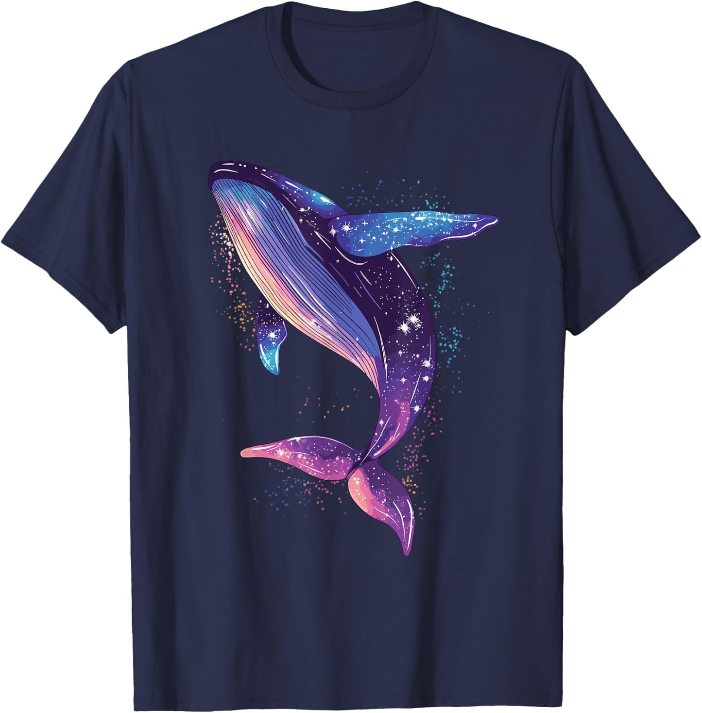 Colorful Whale in the Starry Sky , Black, S T-Shirt - T-Shirt | Navy