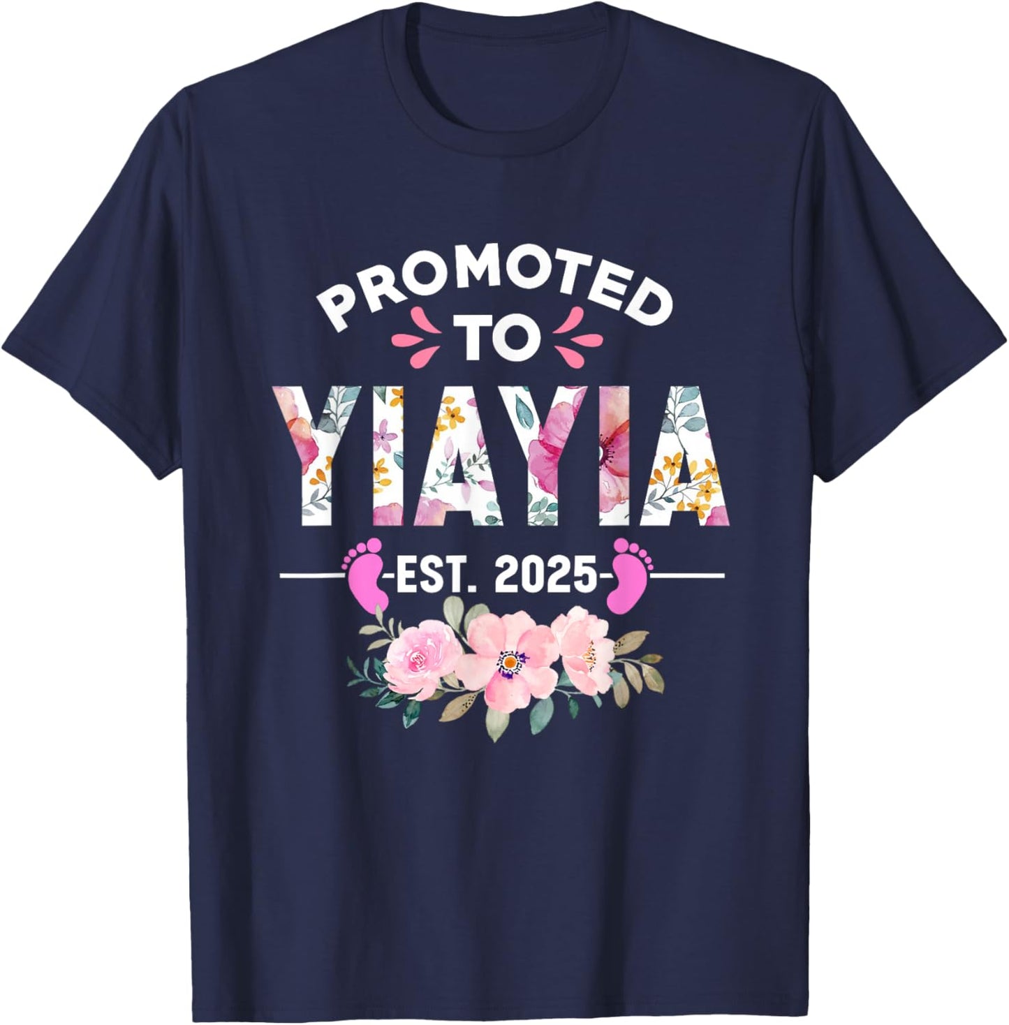 Soon to be Yiayia 2025 Mothers Day Gifts Women's Floral Letter Print Black Small Classic Fit Modern Round Neck Short Sleeve T-Shirt - T-Shirt | Navy