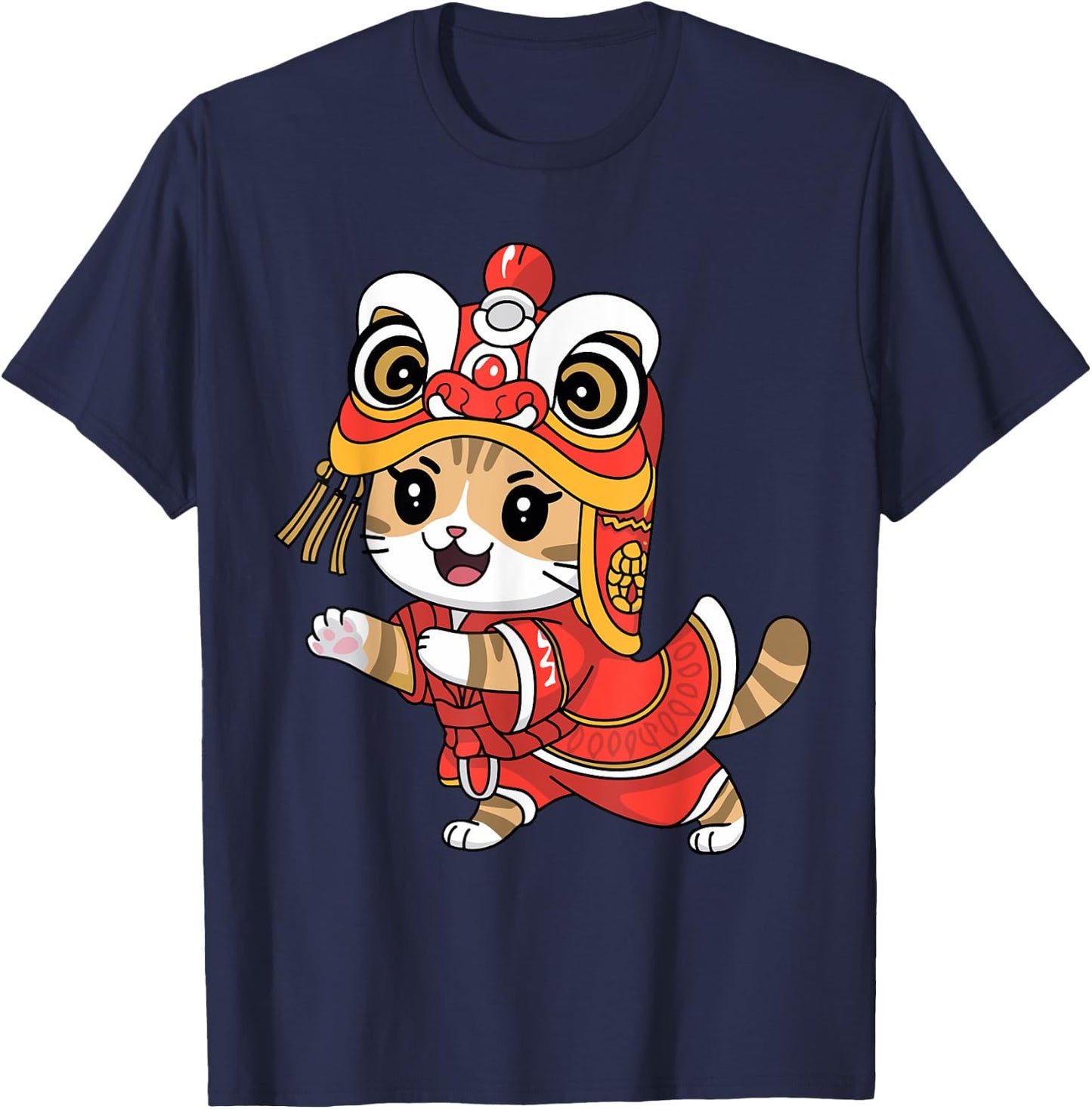 Cute Cat Happy Chinese New Year 2025 Lion Dance Celebration T-Shirt - T-Shirt | Navy