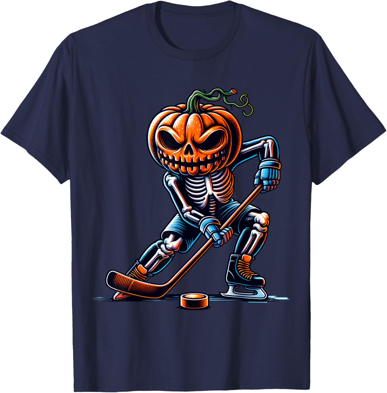 Skeleton Ice Hockey Halloween Pumpkin Hockey Boys Kids T-Shirt - T-Shirt | Navy