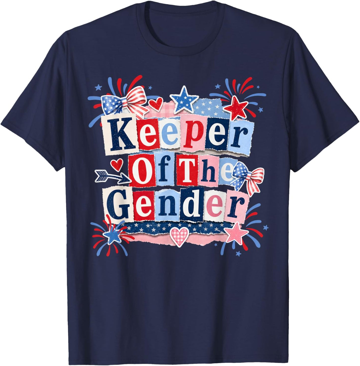 Keeper of The Gender 4th of July Bow Gender Reveal Party T-Shirt - T-Shirt | Navy
