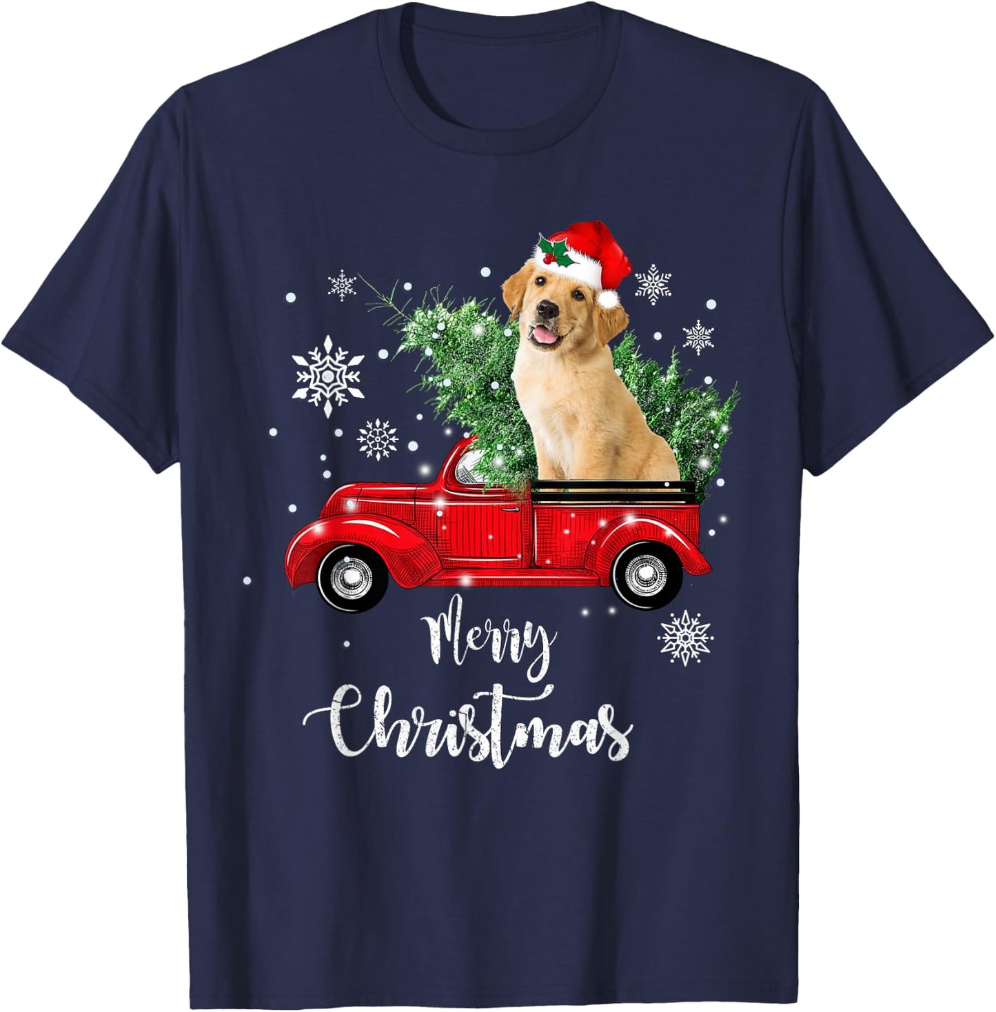 Red Truck Merry Christmas Tree Golden Retriever Christmas T-Shirt - T-Shirt | Navy