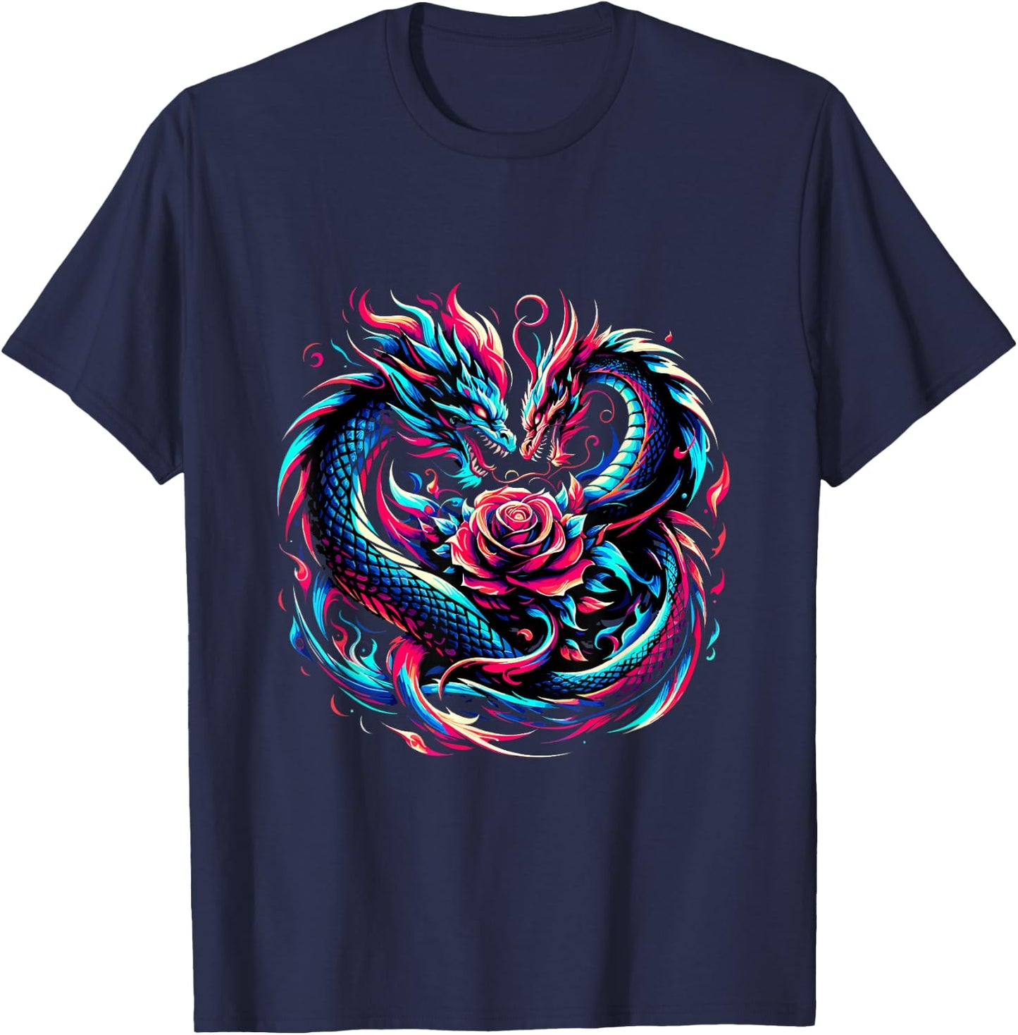 Dragon and Rose Graffiti Fantasy Edgy Art Vector T-Shirt - T-Shirt | Navy
