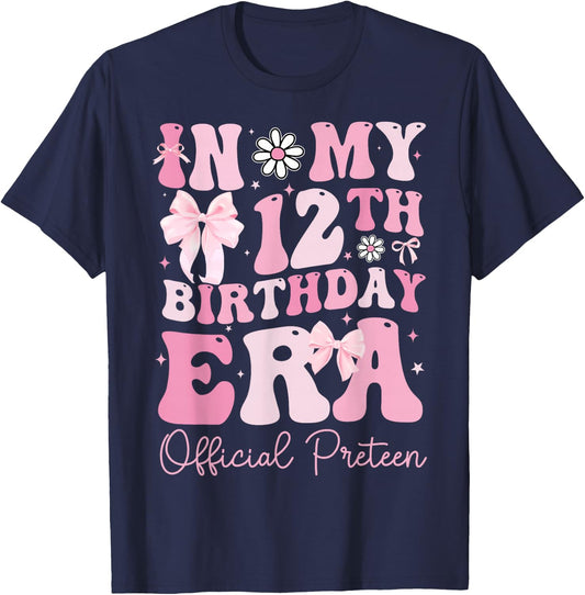 in My 12th Birthday Era Coquette Bow Official Preteen Girls T-Shirt - T-Shirt | Navy