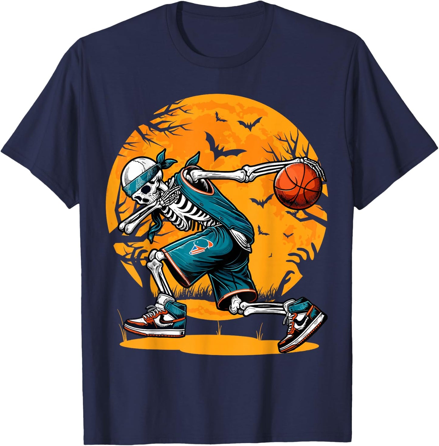 Dabbing Skeleton Basketball Halloween Boys Basketball Player T-Shirt - T-Shirt | Navy