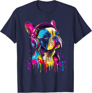 French Bulldog Lover Headphones Pop Art Funny French Bulldog , black T-Shirt - T-Shirt | Navy