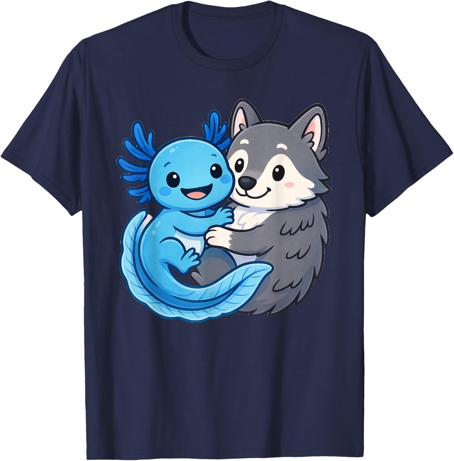 Cute Axolotl Hugging Wolf T-Shirt - T-Shirt | Navy