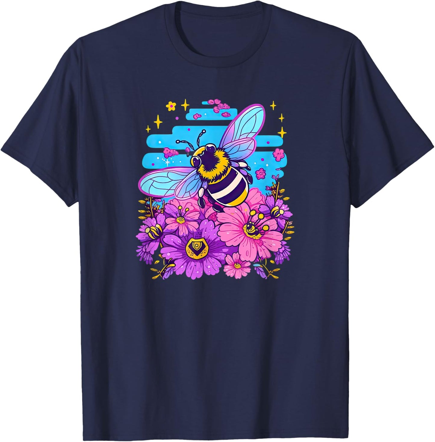 Super Cute Cartoon Bee and Flowers in Bubblegum Synthwave! T-Shirt - T-Shirt | Navy