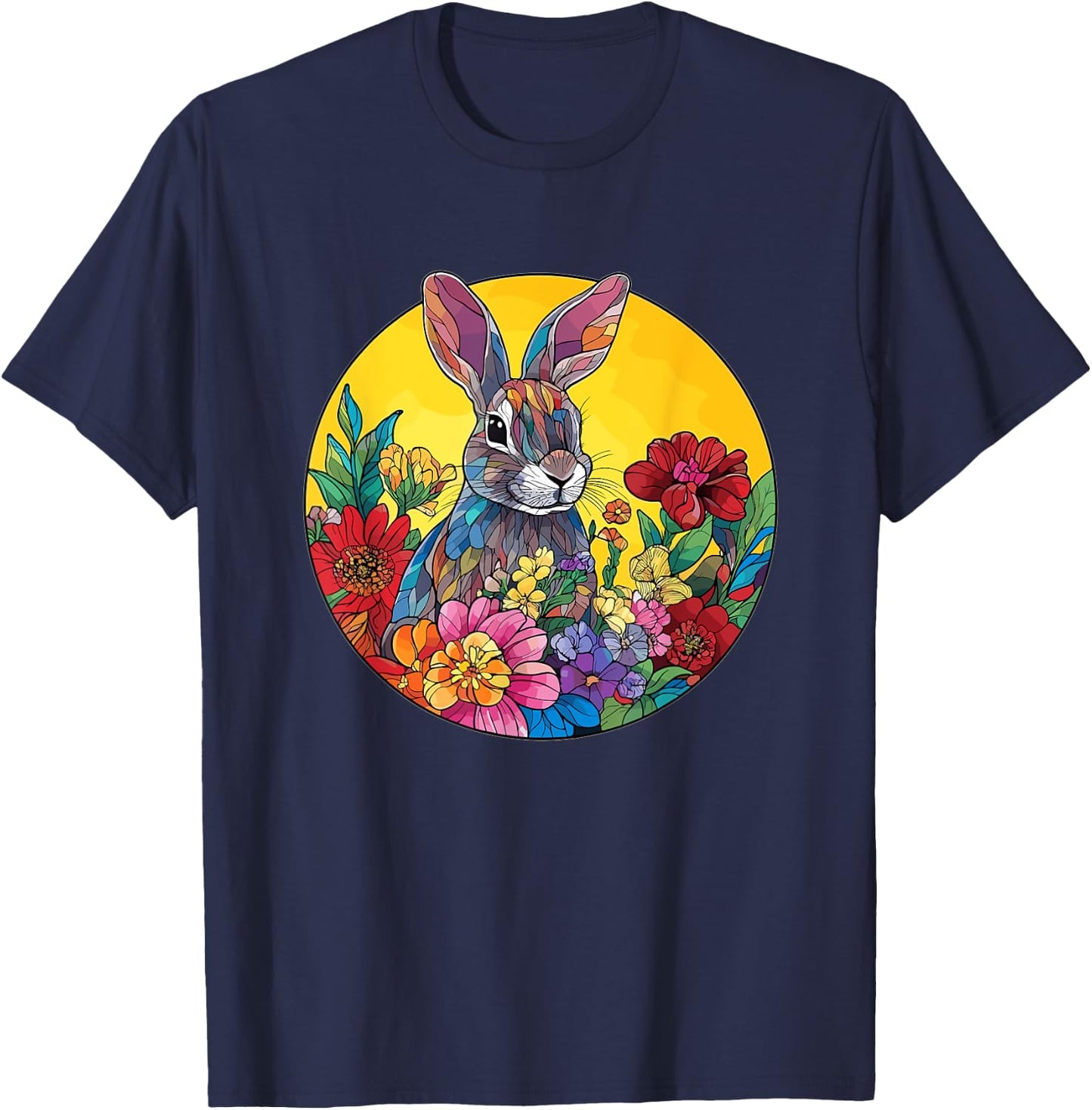Cute Rabbit Among Flowers Artwork T-Shirt - T-Shirt | Navy