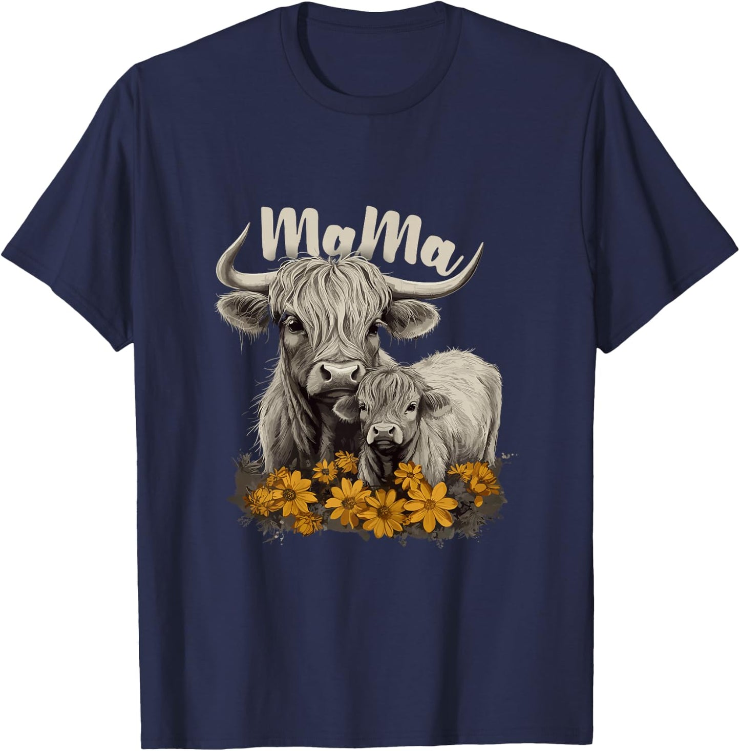 Cute Mama Highland Cow with Baby Calf Flower, Cool Animal T-Shirt - T-Shirt | Navy