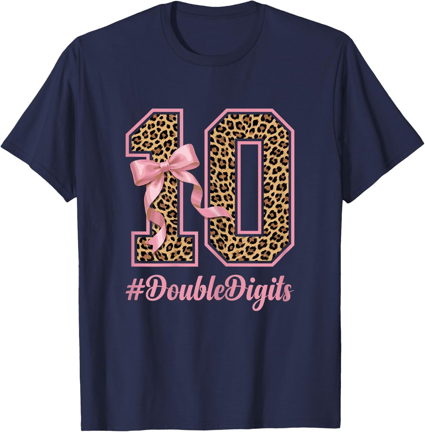 Cute Bow Leopard Cheetah Double Digits Coquette Girls T-Shirt - T-Shirt | Navy