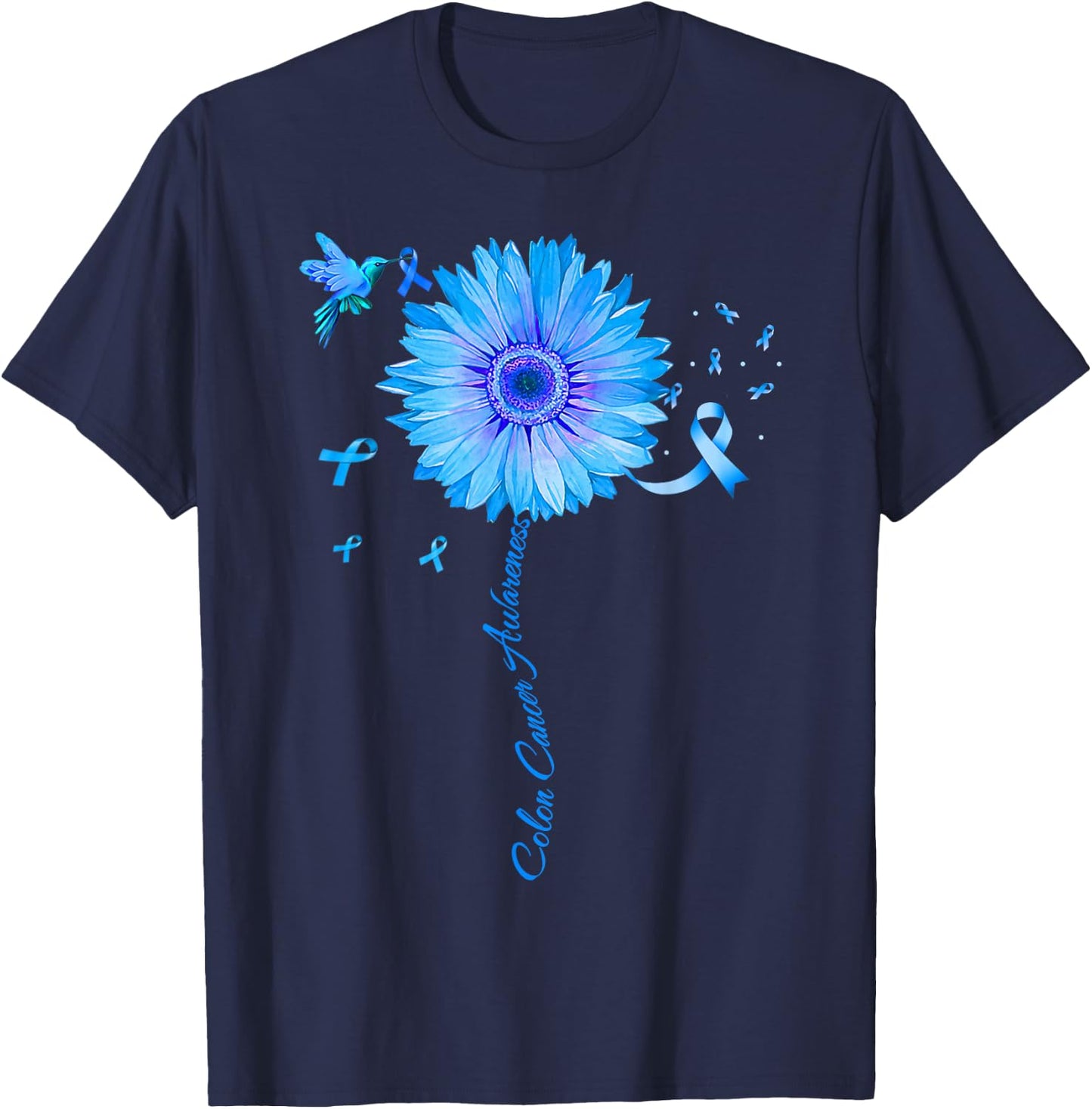 Colon Cancer Awareness Colorectal Blue Ribbon Sunflower T-Shirt - T-Shirt | Navy