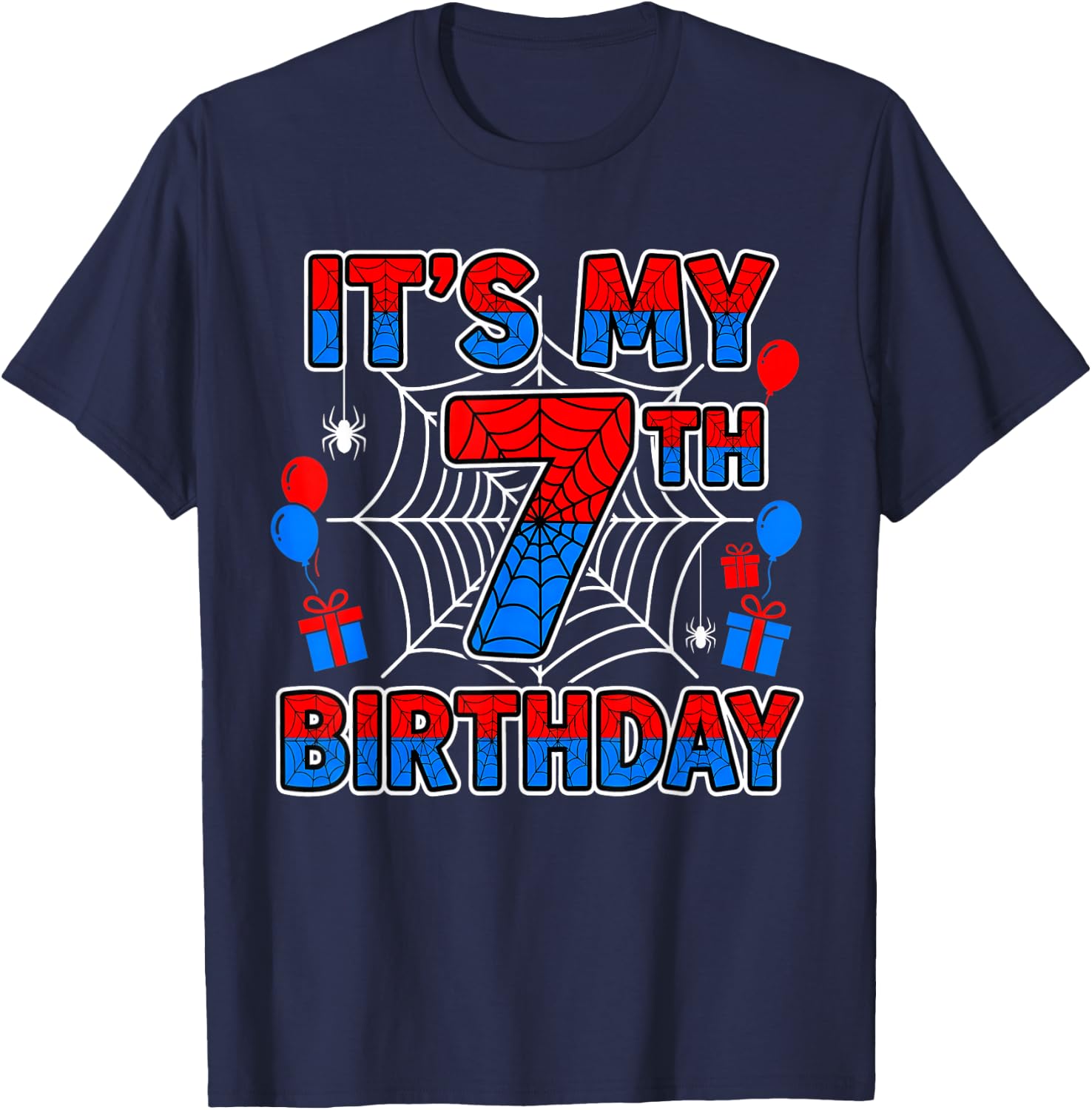 Its My 7th Birthday Boy 7 Year Old Spider Web Birthday Party T-Shirt - T-Shirt | Navy