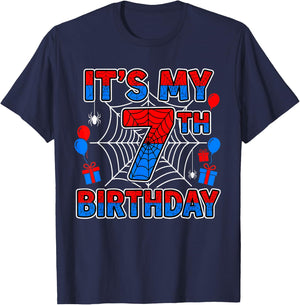 Its My 7th Birthday Boy 7 Year Old Spider Web Birthday Party T-Shirt - T-Shirt | Navy