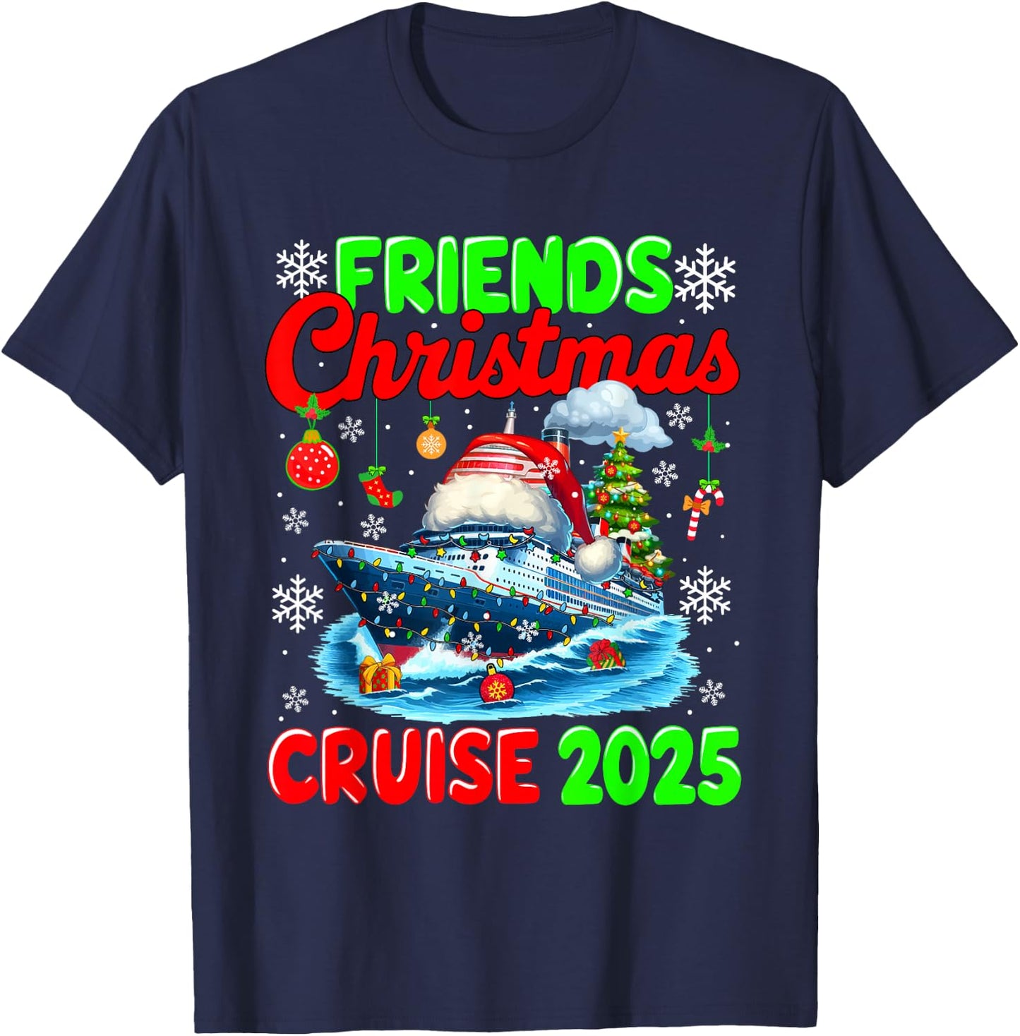 Friends Christmas Cruise 2025 Santa Cruise Ship Cruising T-Shirt - T-Shirt | Navy