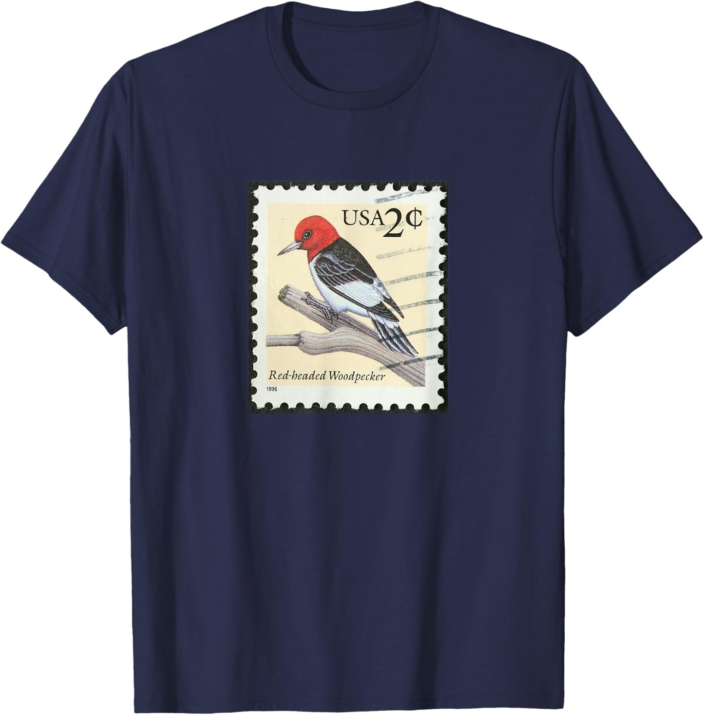 Red Headed Woodpecker Shirt Postage Stamp Bird Vintage T-Shirt - T-Shirt | Navy