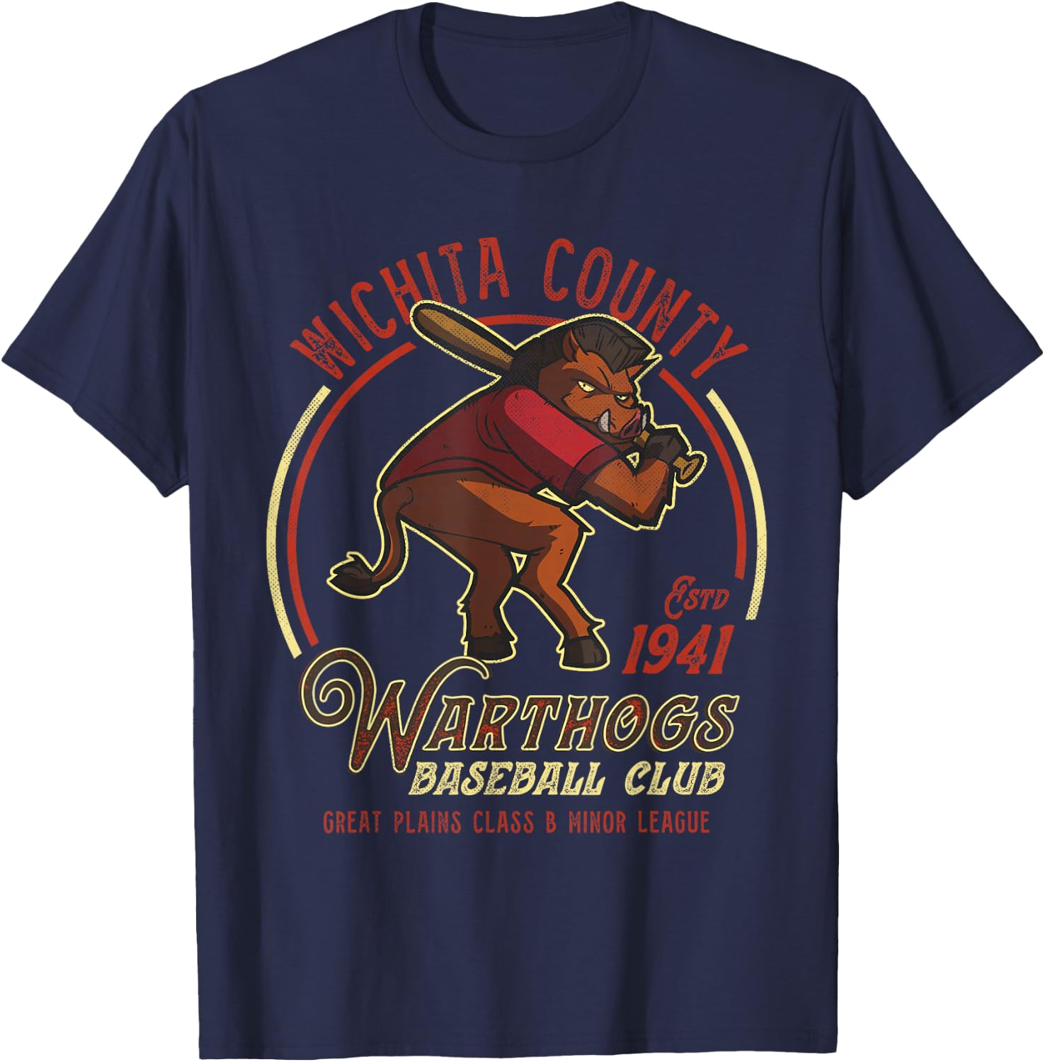 Wichita County Warthogs Retro Minor League Baseball Team T-Shirt - T-Shirt | Navy