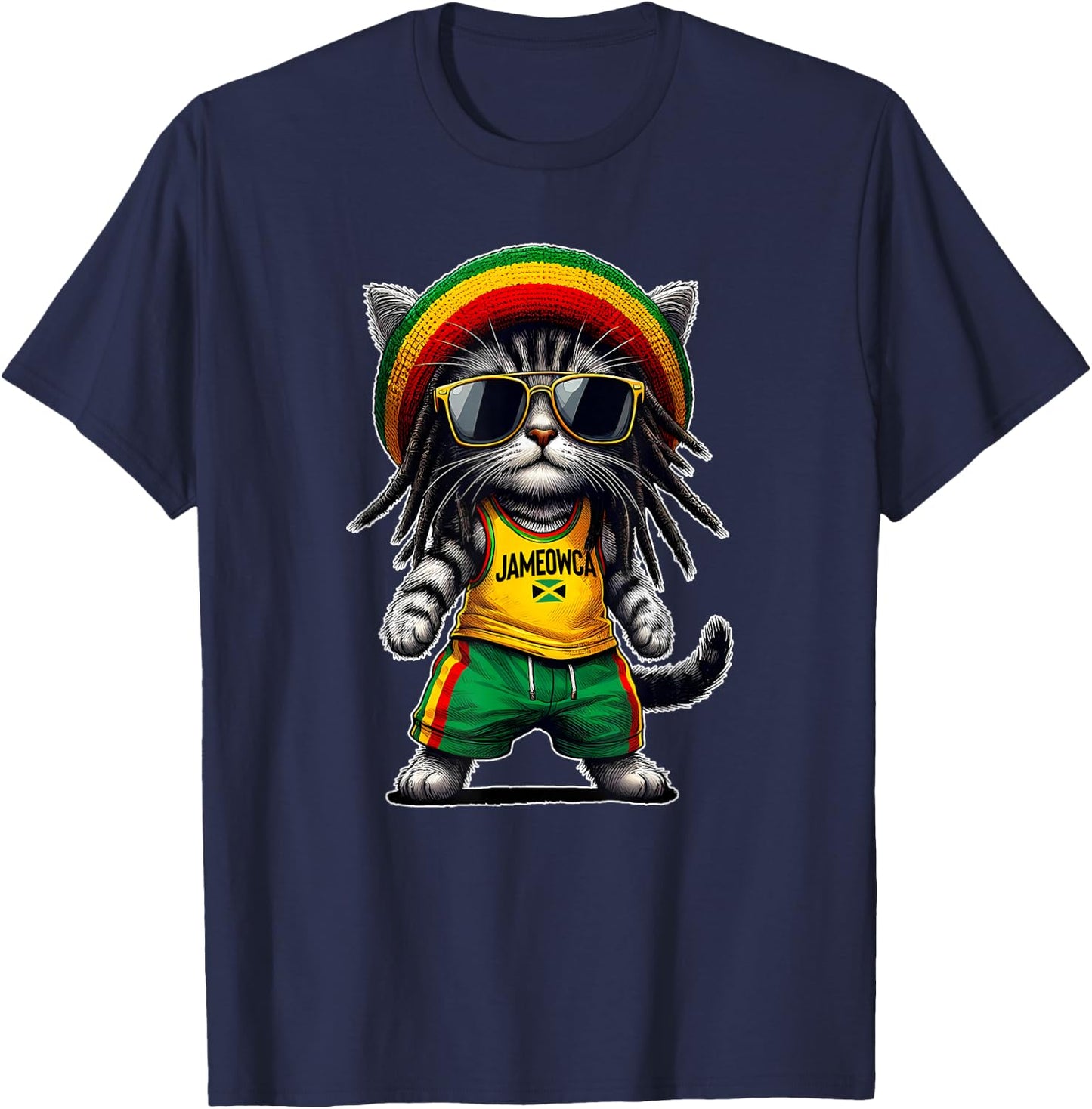 JAMEOWCA Cool & Funny Jamaican Rasta Reggae Cat , Black, S T-Shirt - T-Shirt | Navy