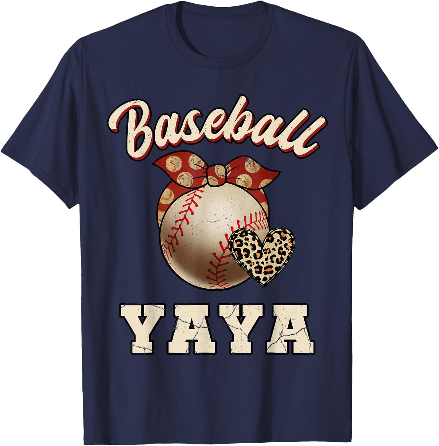 Baseball Yaya Bandana Leopard Heart Fans Mother's Day T-Shirt - T-Shirt | Navy