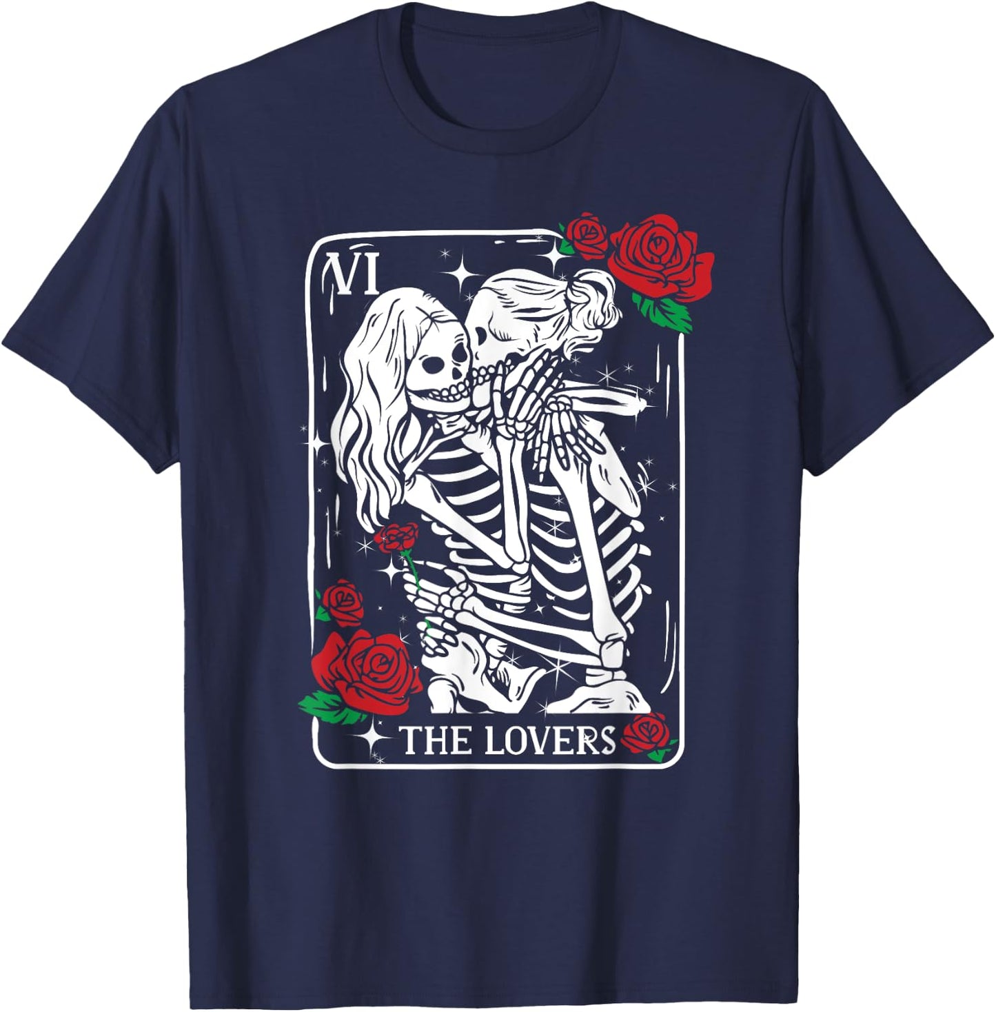 The Lovers Tarot Card Occult Skeleton Roses Gothic Kissing T-Shirt - T-Shirt | Navy