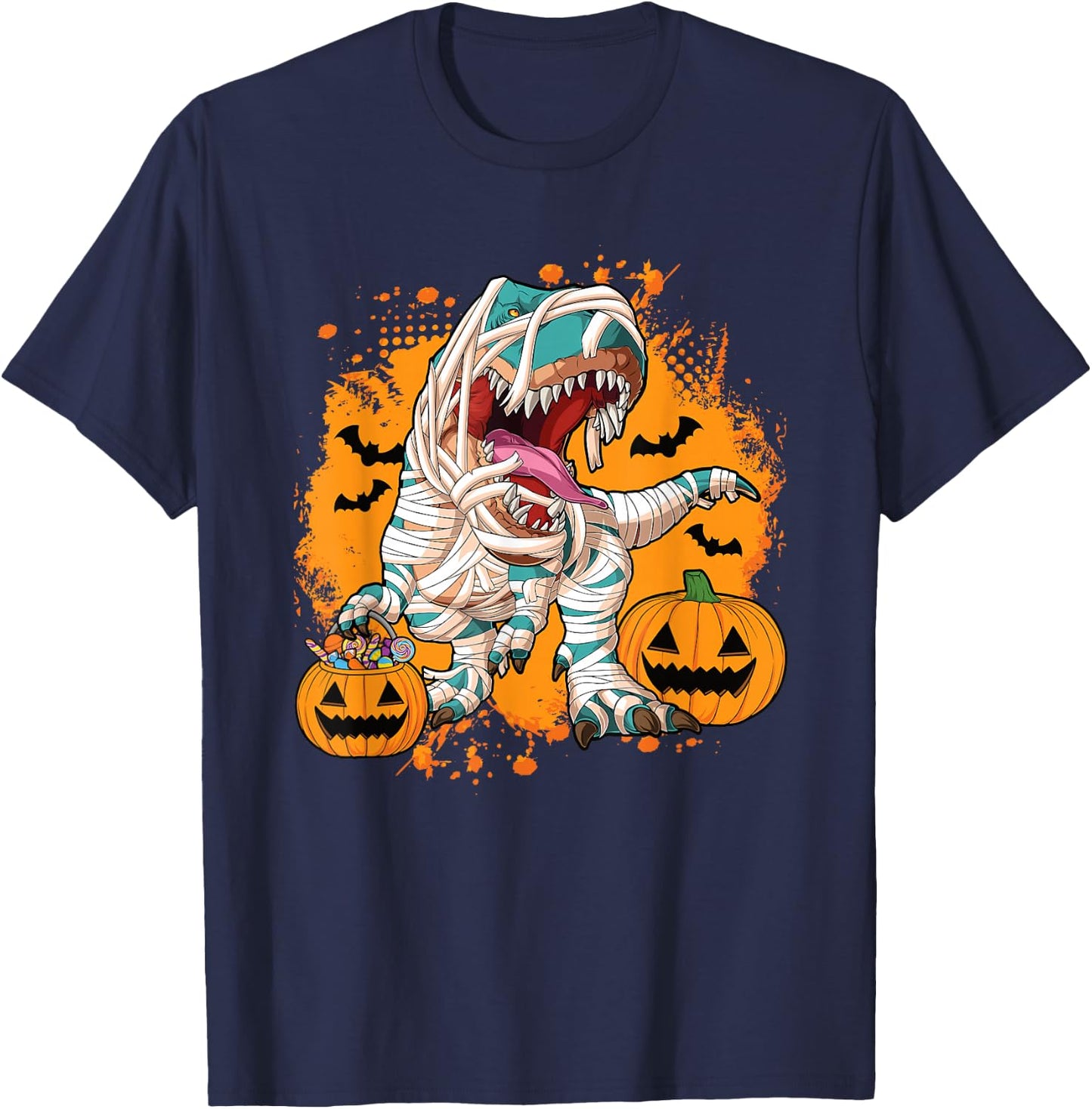 Scary Halloween Dino T Rex Dinosaur Pumpkin Men Boys Kids T-Shirt - T-Shirt | Navy