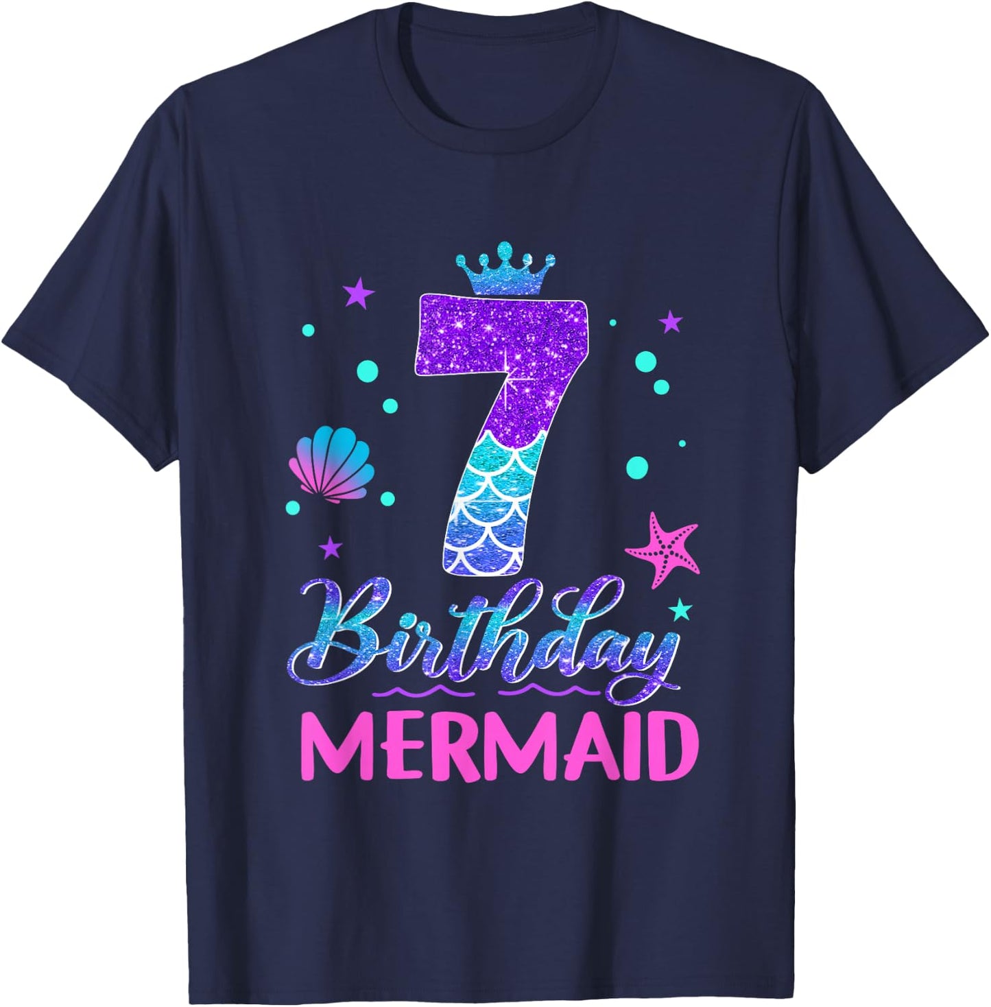 7th Birthday Mermaid Tail 7 Year Old Girl Mermaid Party T-Shirt - T-Shirt | Navy