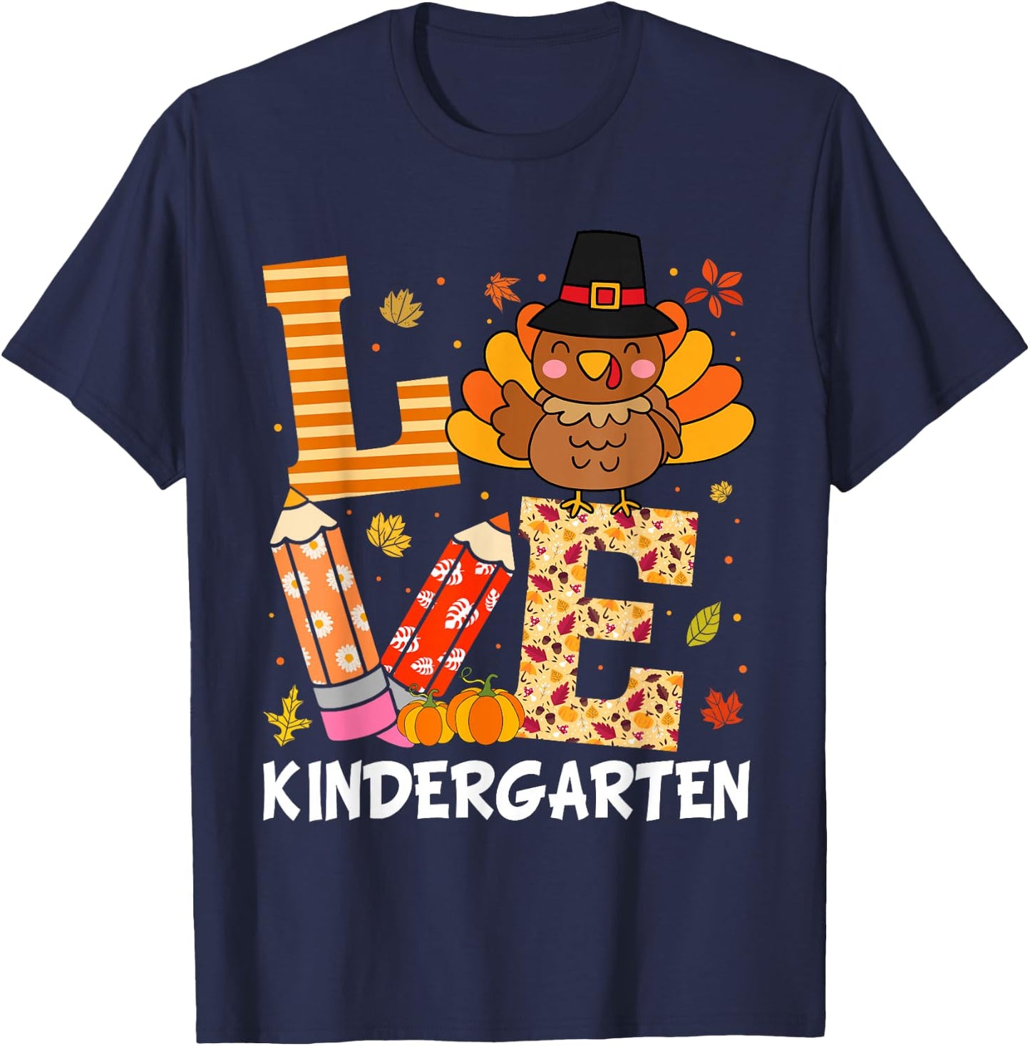 Love Kindergarten Teacher Turkey Thanksgiving Kindergarten T-Shirt - T-Shirt | Navy