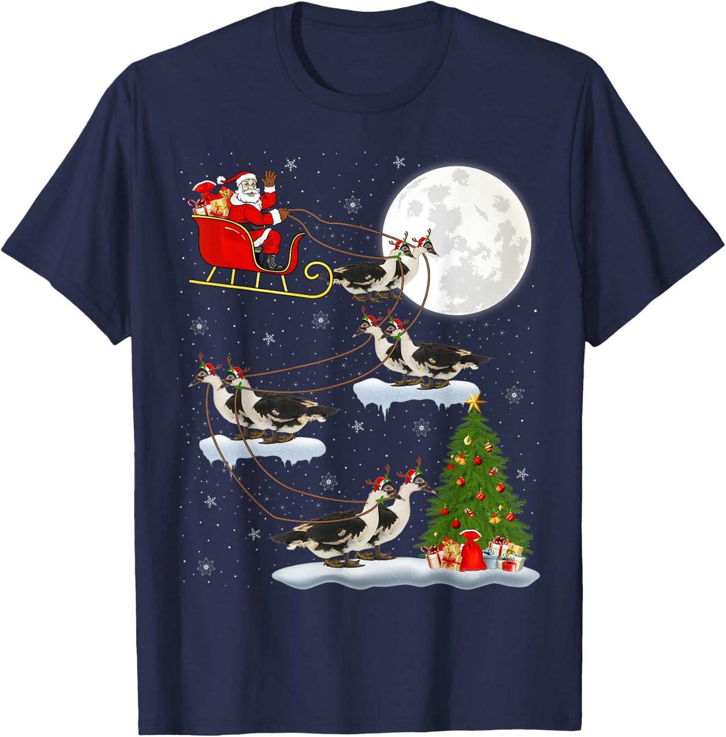 Xmas Tree Lighting Santa Riding Muscovy Duck Christmas T-Shirt - T-Shirt | Navy
