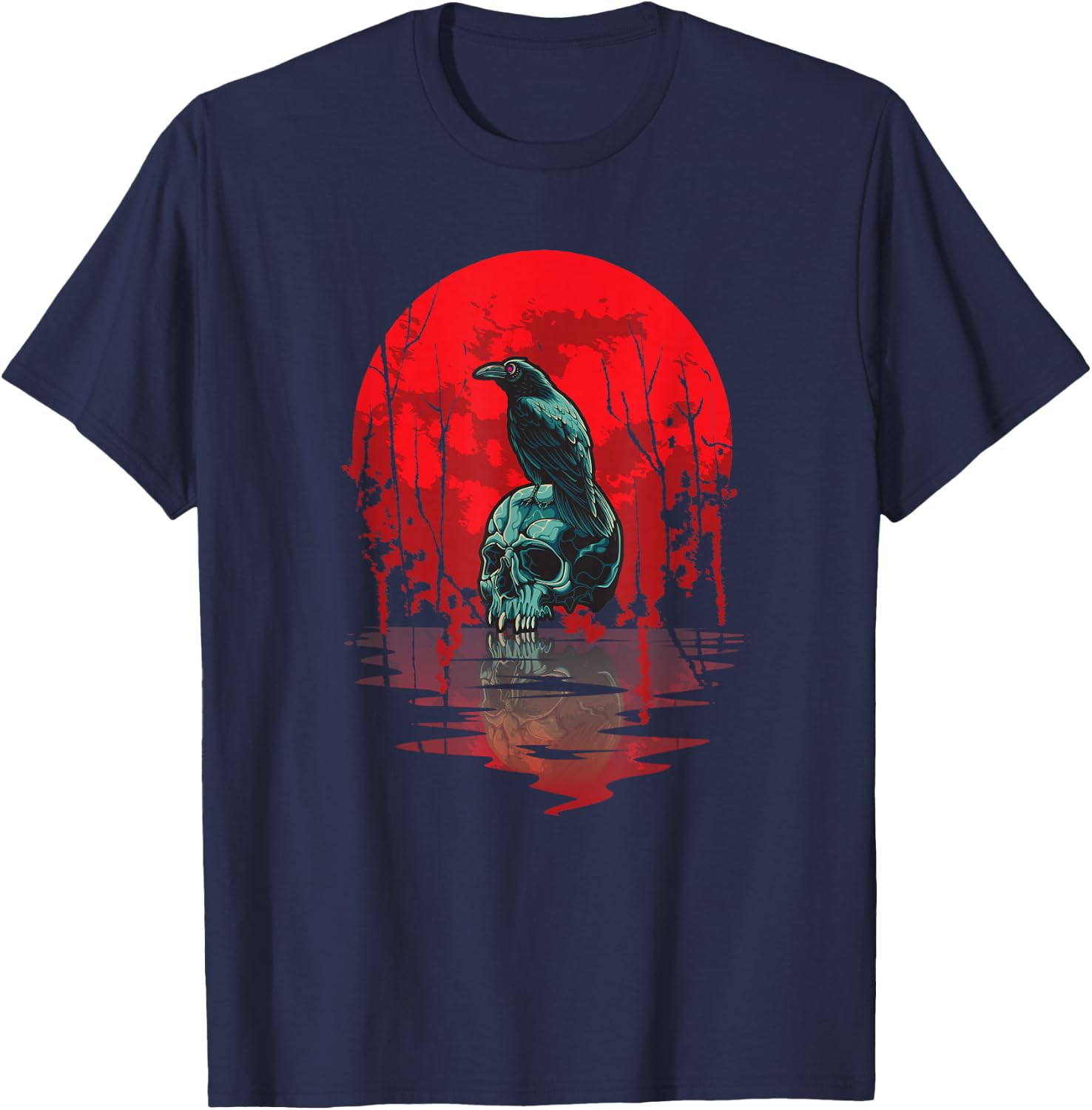 Gothic Raven Skull Red Moon Black Crow T-Shirt - T-Shirt | Navy