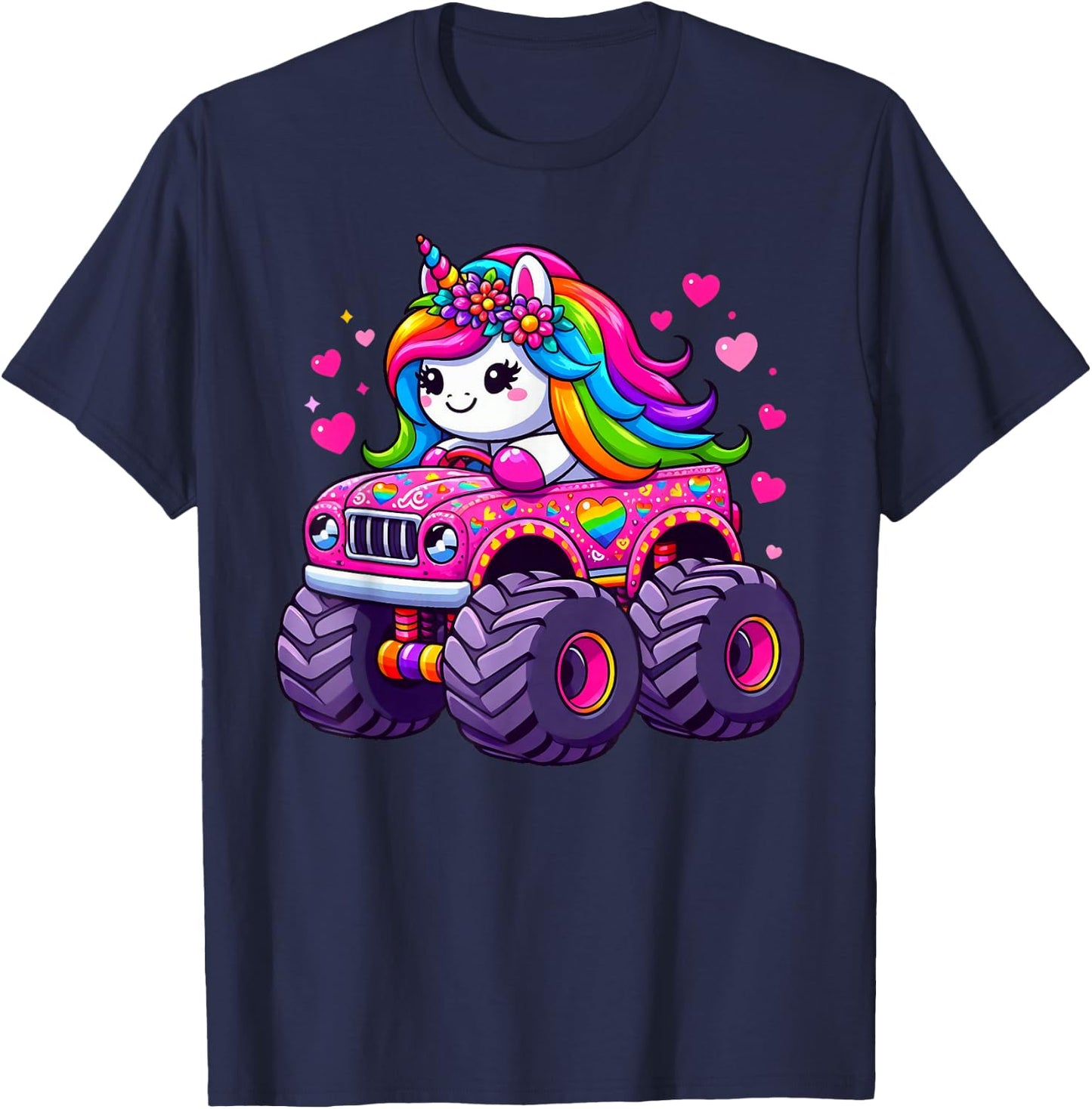 Cute Unicorn Riding A Pink Monster Truck Lovers Girls T-Shirt - T-Shirt | Navy