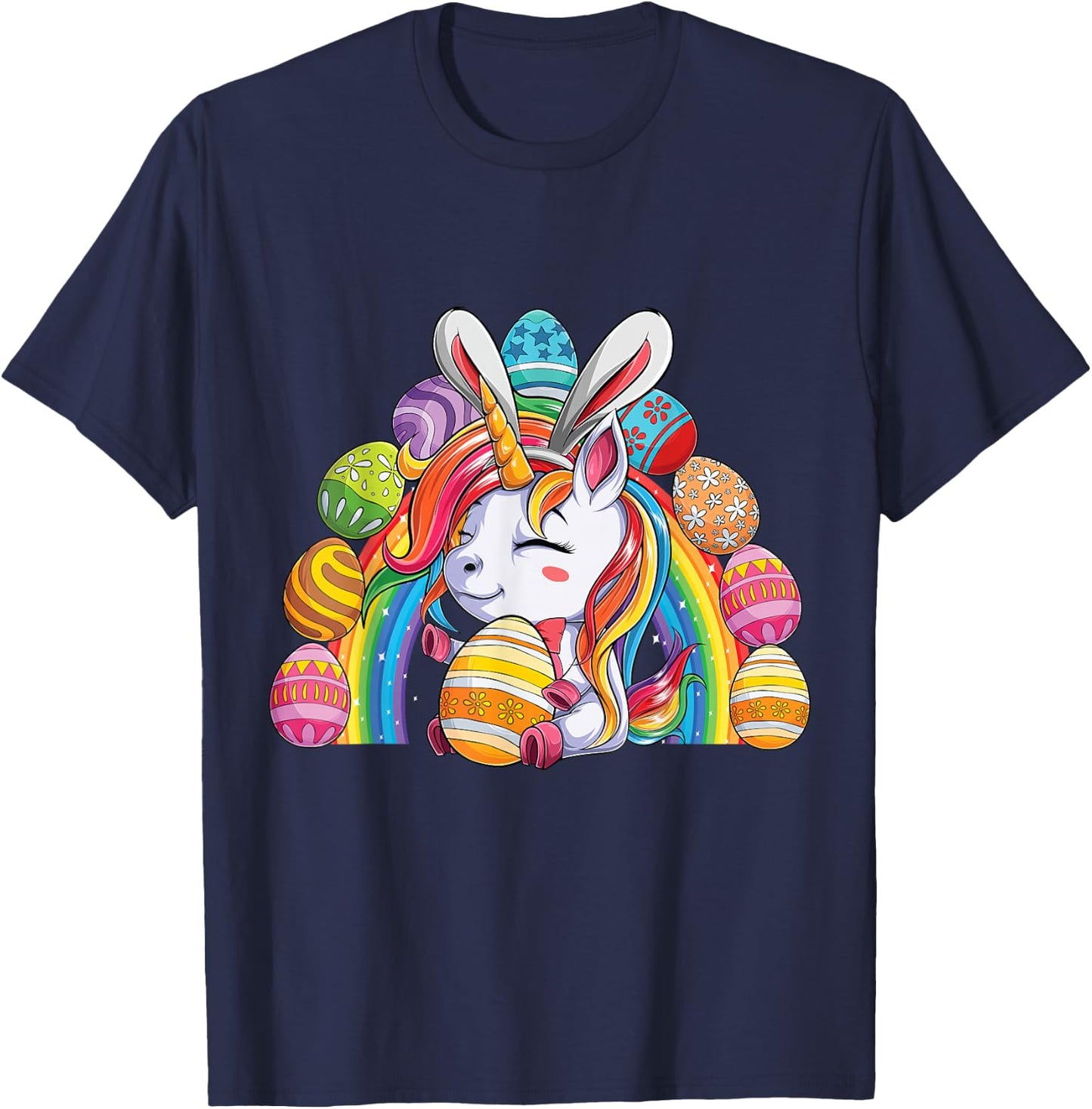 Unicorn Happy Easter Day bunny Rainbow egg Girls Kids T-Shirt - T-Shirt | Navy