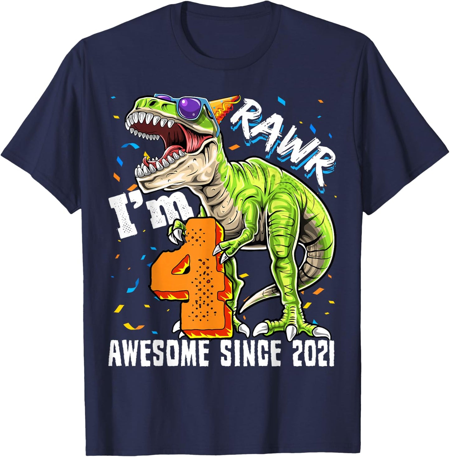 4th Birthday T Rex Dinosaur Party Boys Rawr I'm 4 T-Shirt - T-Shirt | Navy