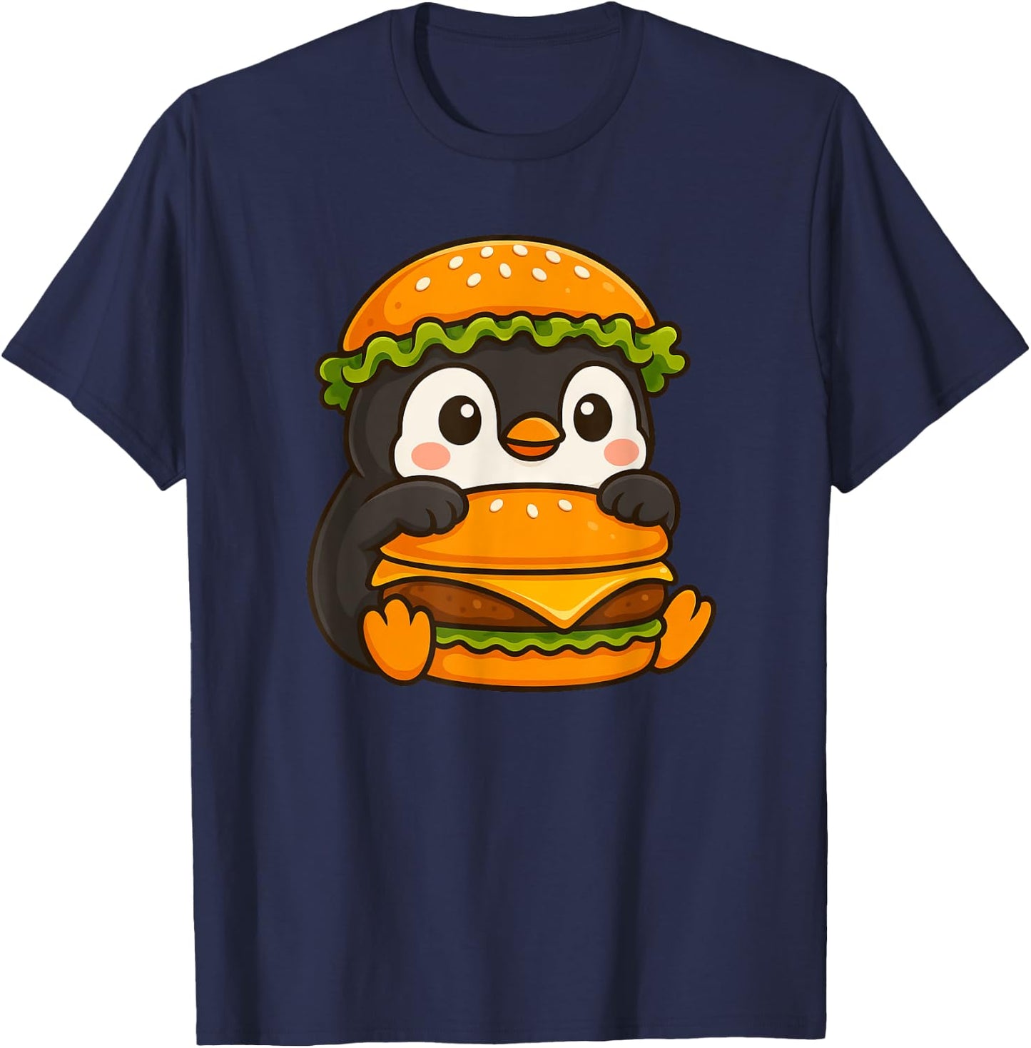 Cute Penguin Holding a Cheeseburger T-Shirt - T-Shirt | Navy