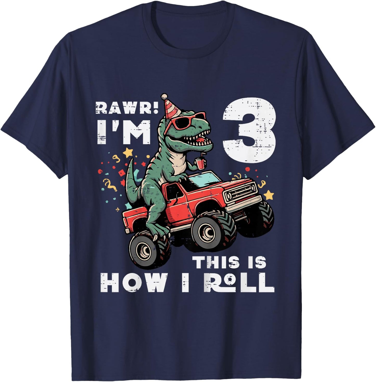 Kids Rawr Im 3 Dino This How I Roll 3rd Birthday Trex Bday Boys T-Shirt - T-Shirt | Navy