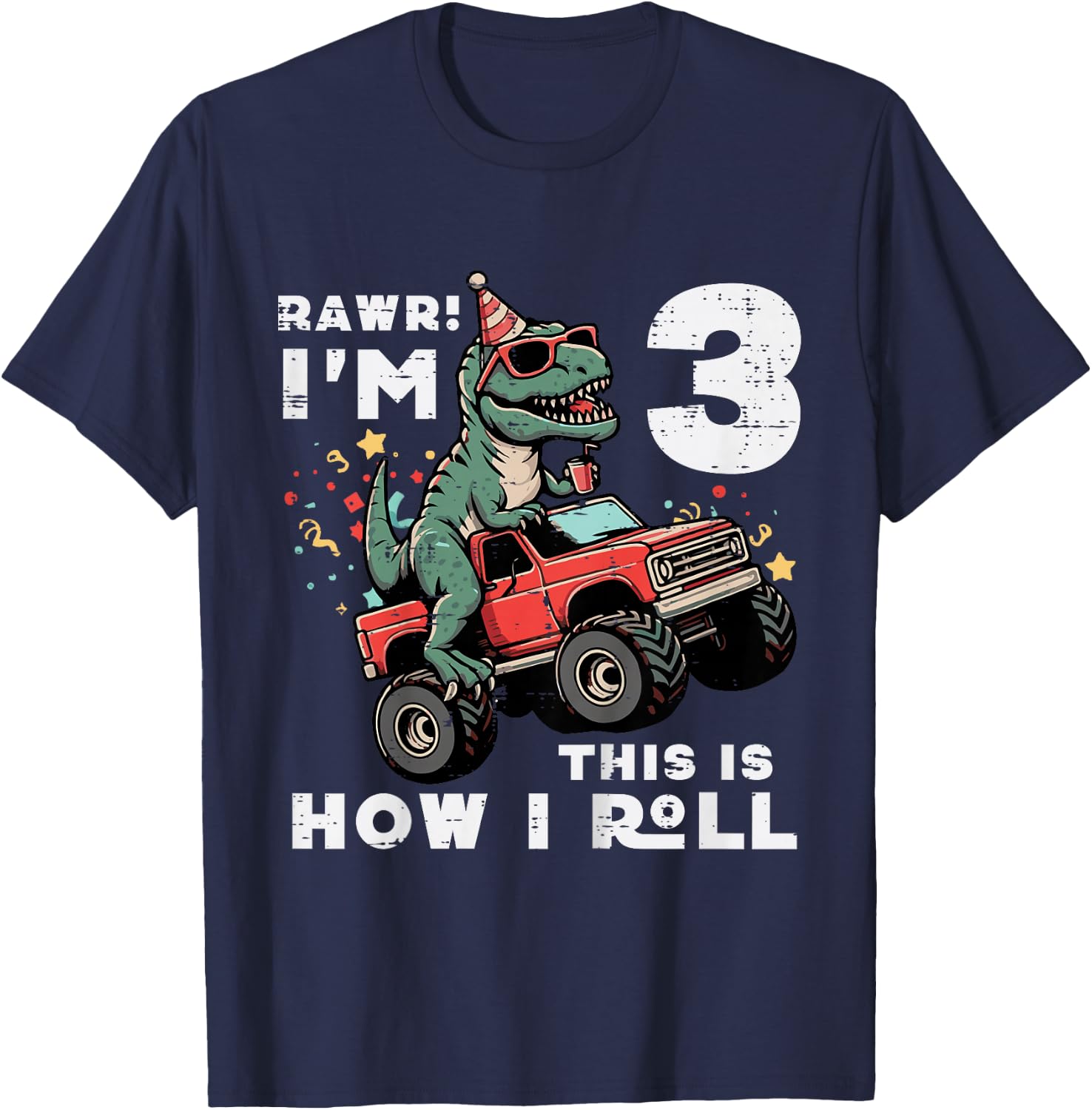 Kids Rawr Im 3 Dino This How I Roll 3rd Birthday Trex Bday Boys T-Shirt - T-Shirt | Navy