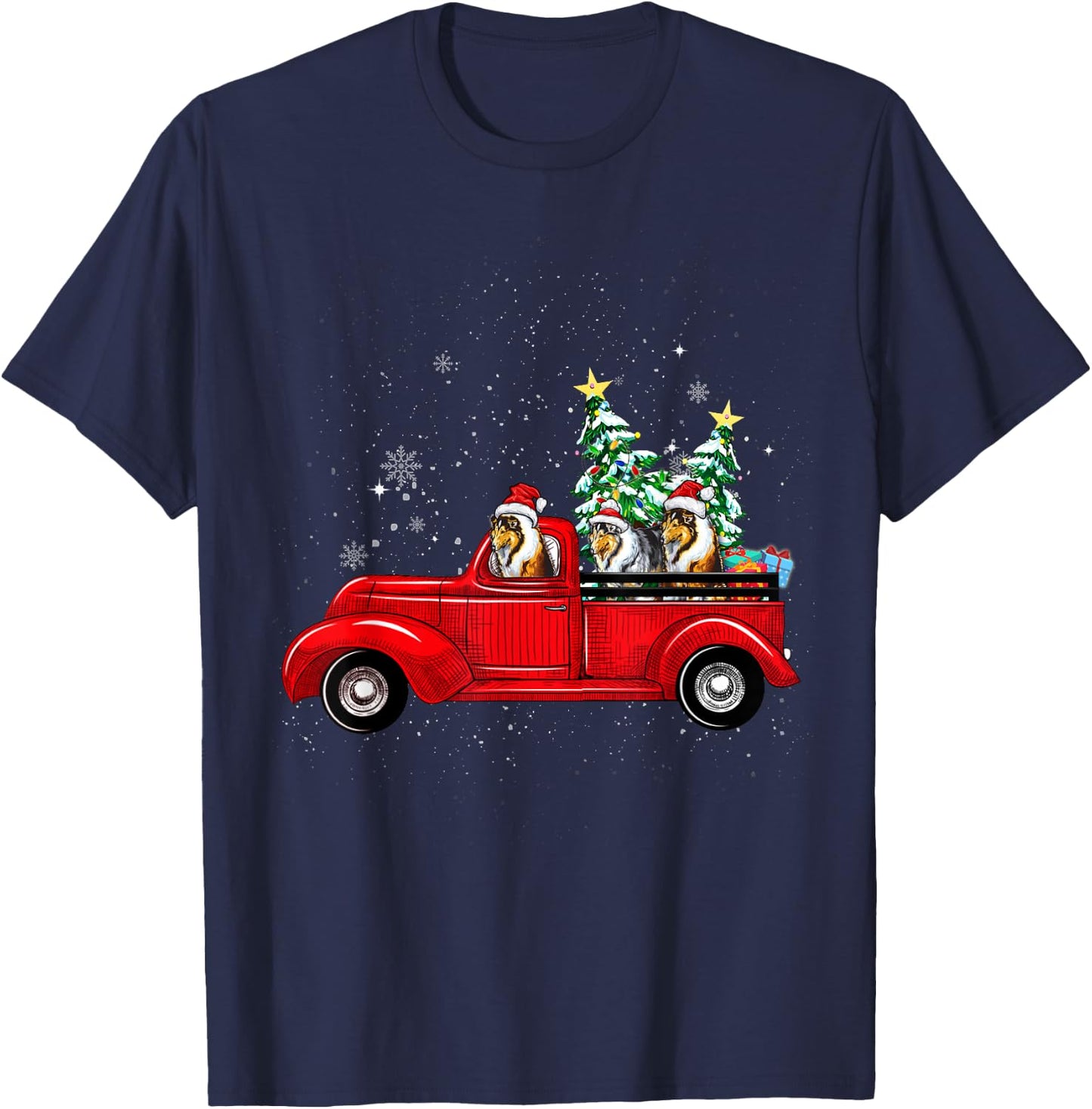 Rough Collie Dog Driving Xmas Truck Christmas Tree Lights Women Kids T-Shirt - T-Shirt | Navy