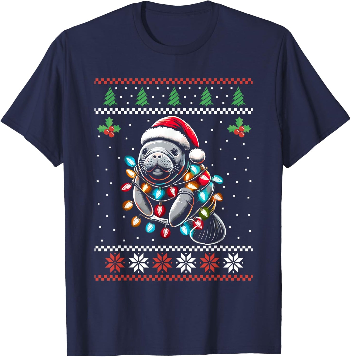 Manatee Santa Hat Ugly Christmas Sweater Xmas T-Shirt - T-Shirt | Navy