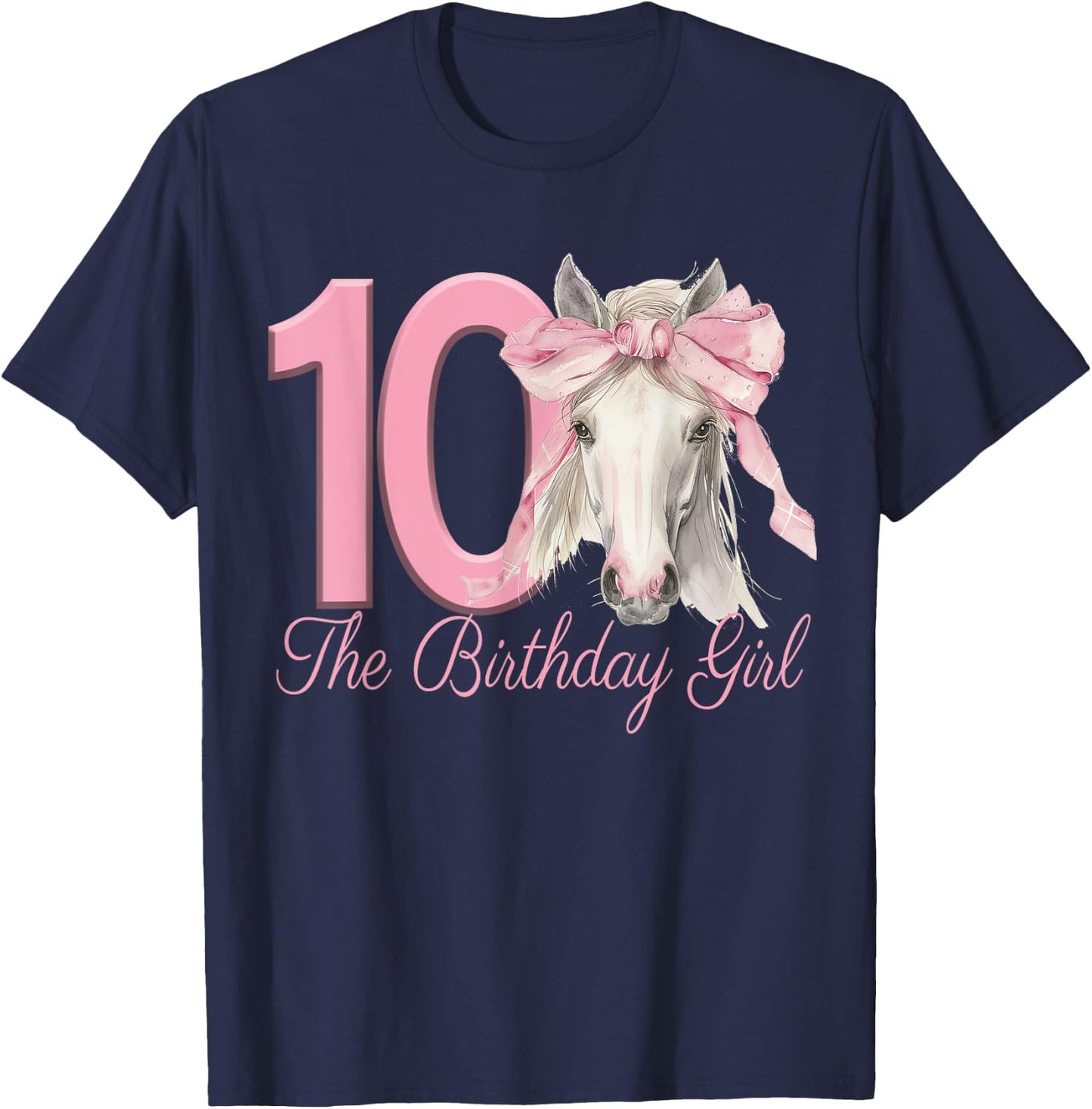 Cute Horse 10 Years for Girl with Pink Bow , Black, S T-Shirt - T-Shirt | Navy