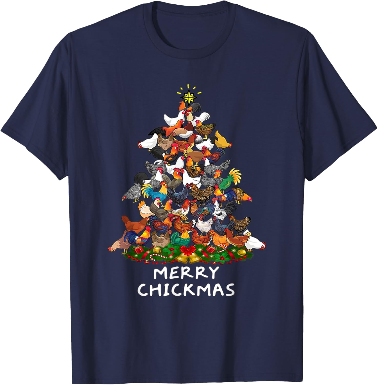 Merry Chickmas Chicken Christmas Tree Rooster Xmas Tree T-Shirt - T-Shirt | Navy