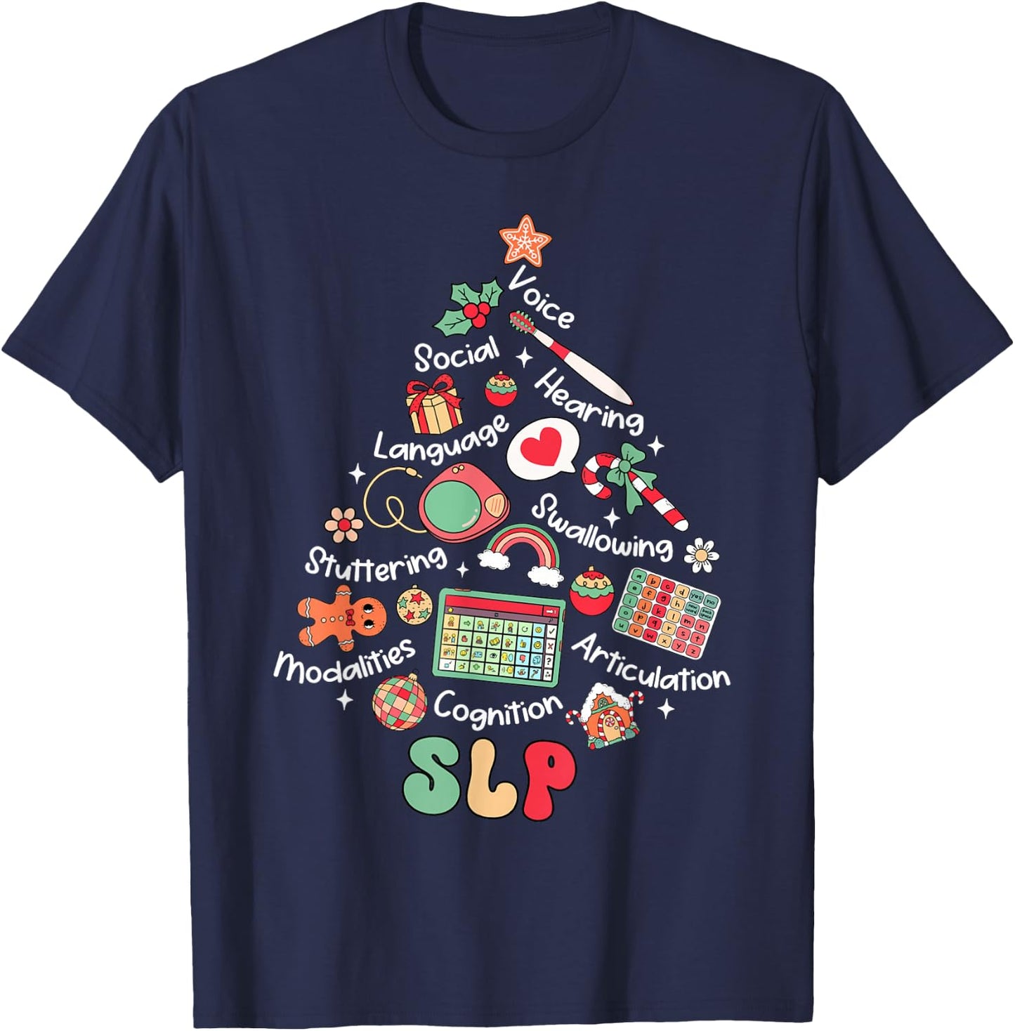 Speech Therapy Christmas Tree Merry Xmas SLP Therapist Funny T-Shirt - T-Shirt | Navy