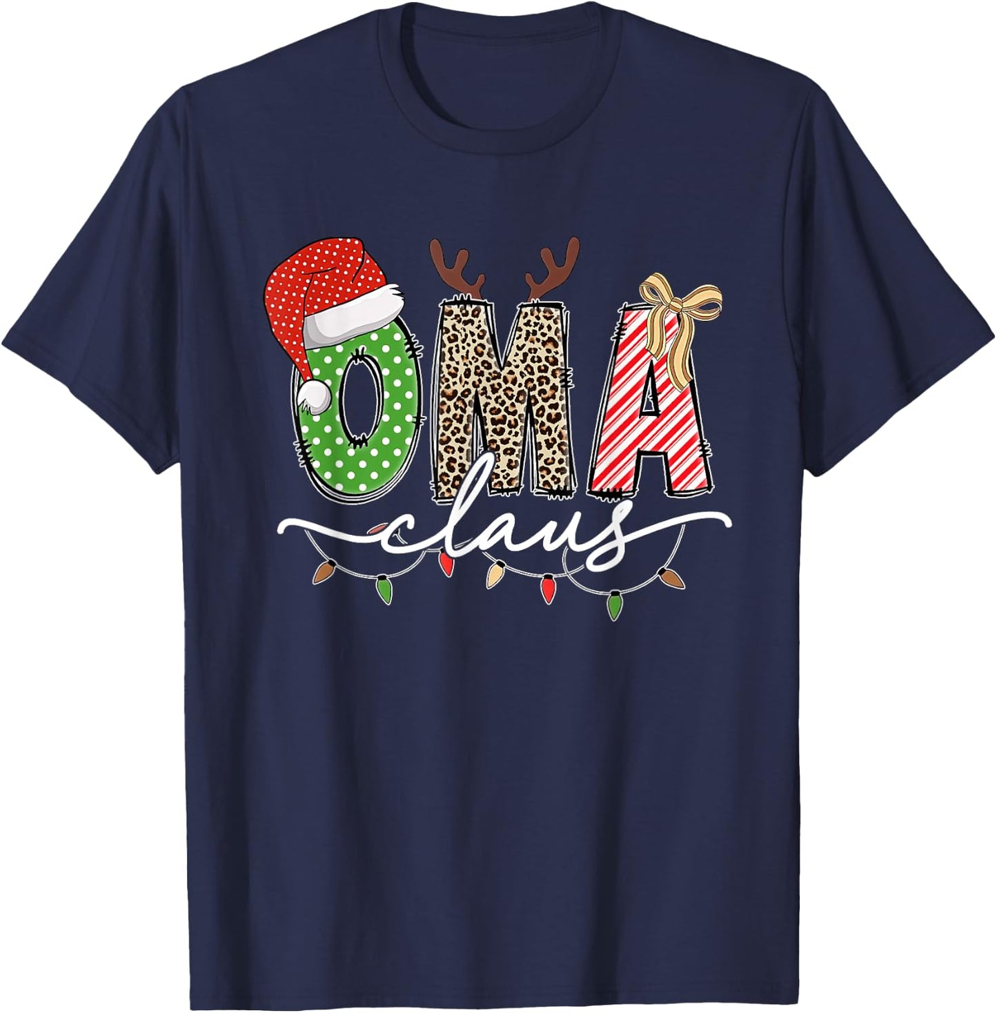 Oma Claus Christmas Lights And Reindeer Santa Hat Grandma T-Shirt - T-Shirt | Navy
