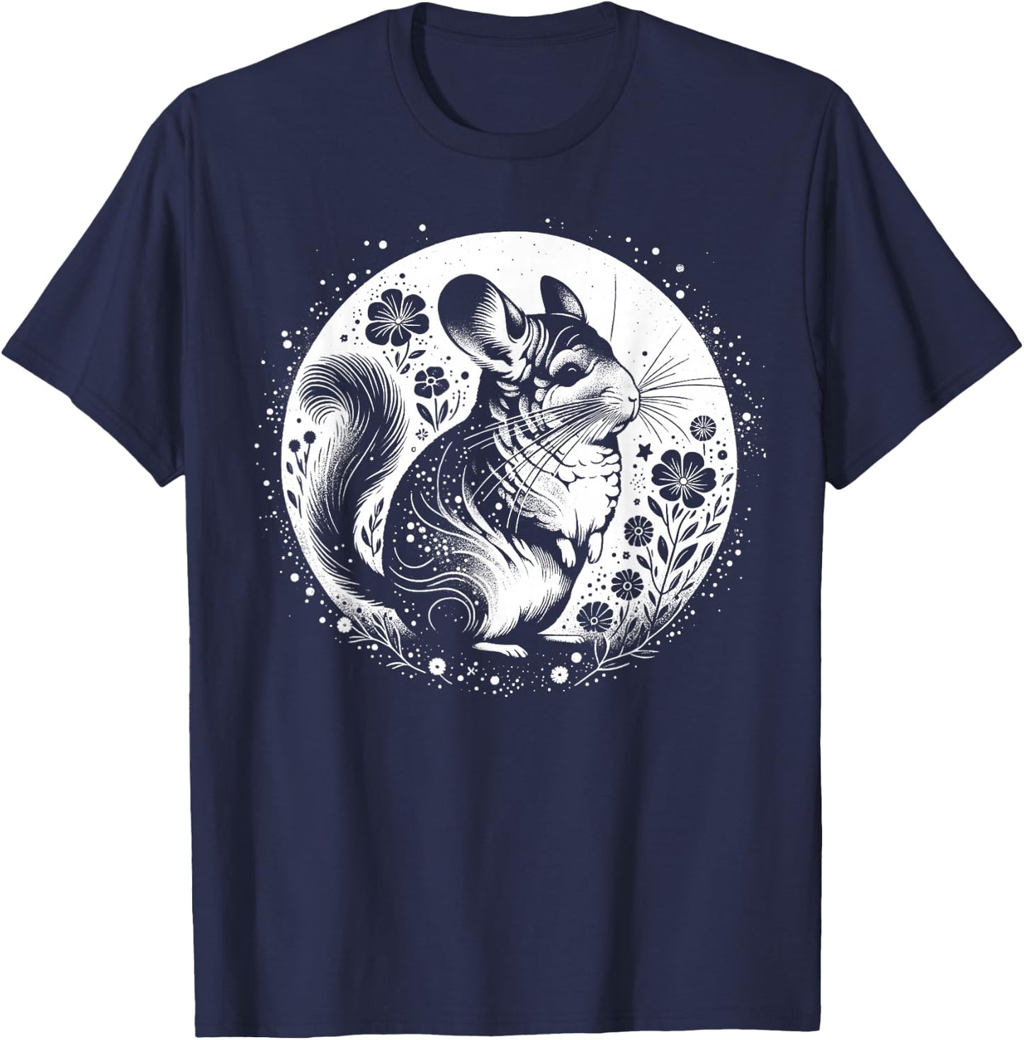 Kunstvoller Chinchilla mit Mond und Blumen T-Shirt - T-Shirt | Navy