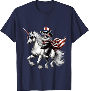 Cat riding Unicorn usa flag Patriotic 4th of July T-Shirt - T-Shirt | Navy
